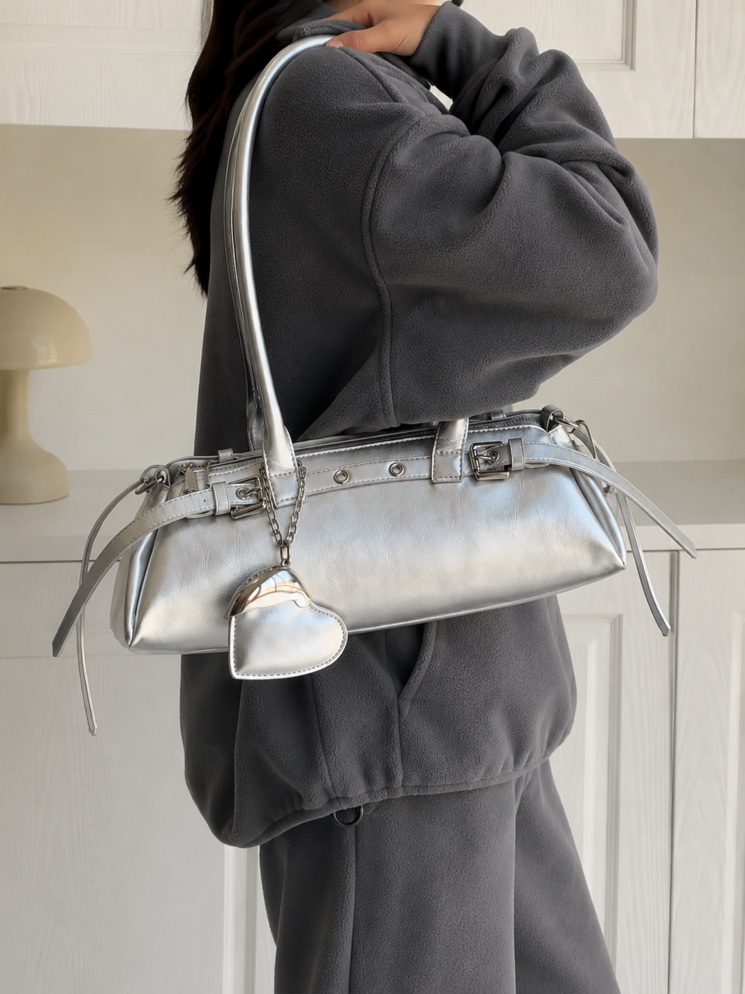 Luna | Women’s Silver Mini Bowling Top Handle Crossbody Bag | Metallic Faux Leather Handbag