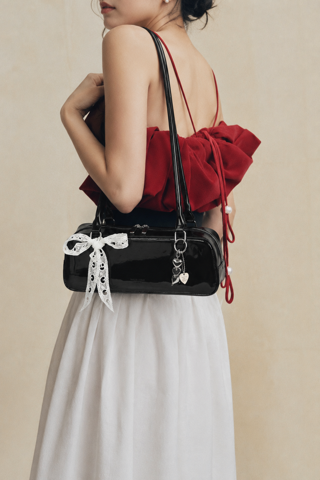 Sharain | Women’s Black Patent Coquette Shoulder Bag with Lace Bow & Heart Charm | Premium Faux Leather Handbag