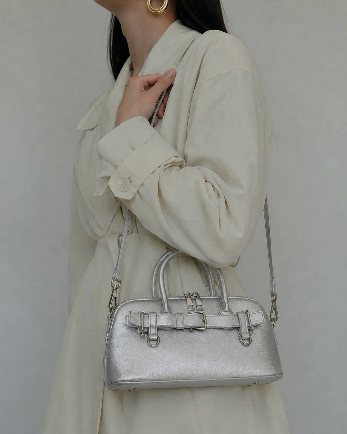 Lyra | Women’s Silver Mini Belted Top Handle Bag with Detachable Sling | Premium Faux Leather Handbag