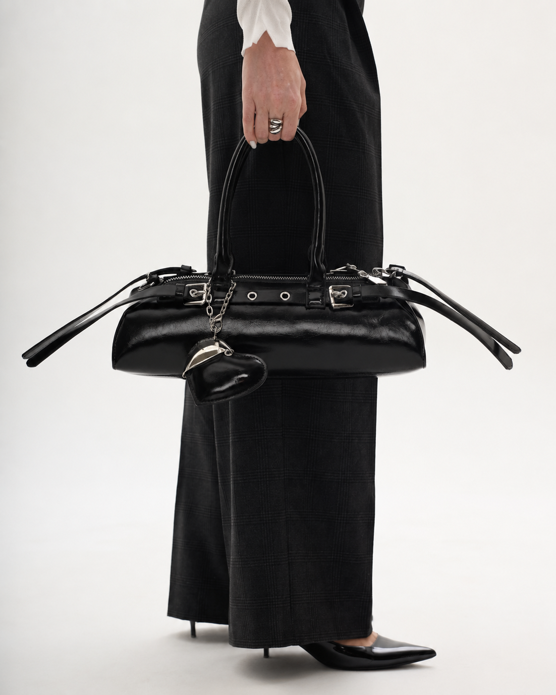 Vivienne | Women’s Black East-West Bowling Shoulder Bag with Heart Charm | Premium Faux Leather Handbag