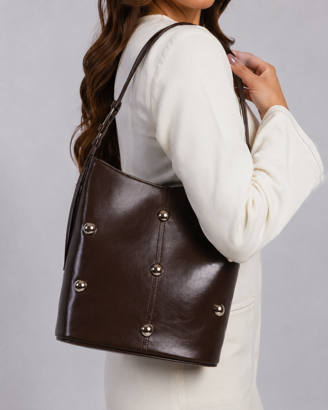 Siena | Women’s Chocolate Brown Studded Bucket Shoulder Bag | Premium Faux Leather Handbag