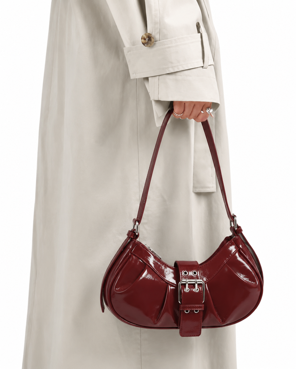 Sienna | Women’s Cherry Wine Patent Leather Buckle Shoulder Bag | Premium Faux Leather Handbag