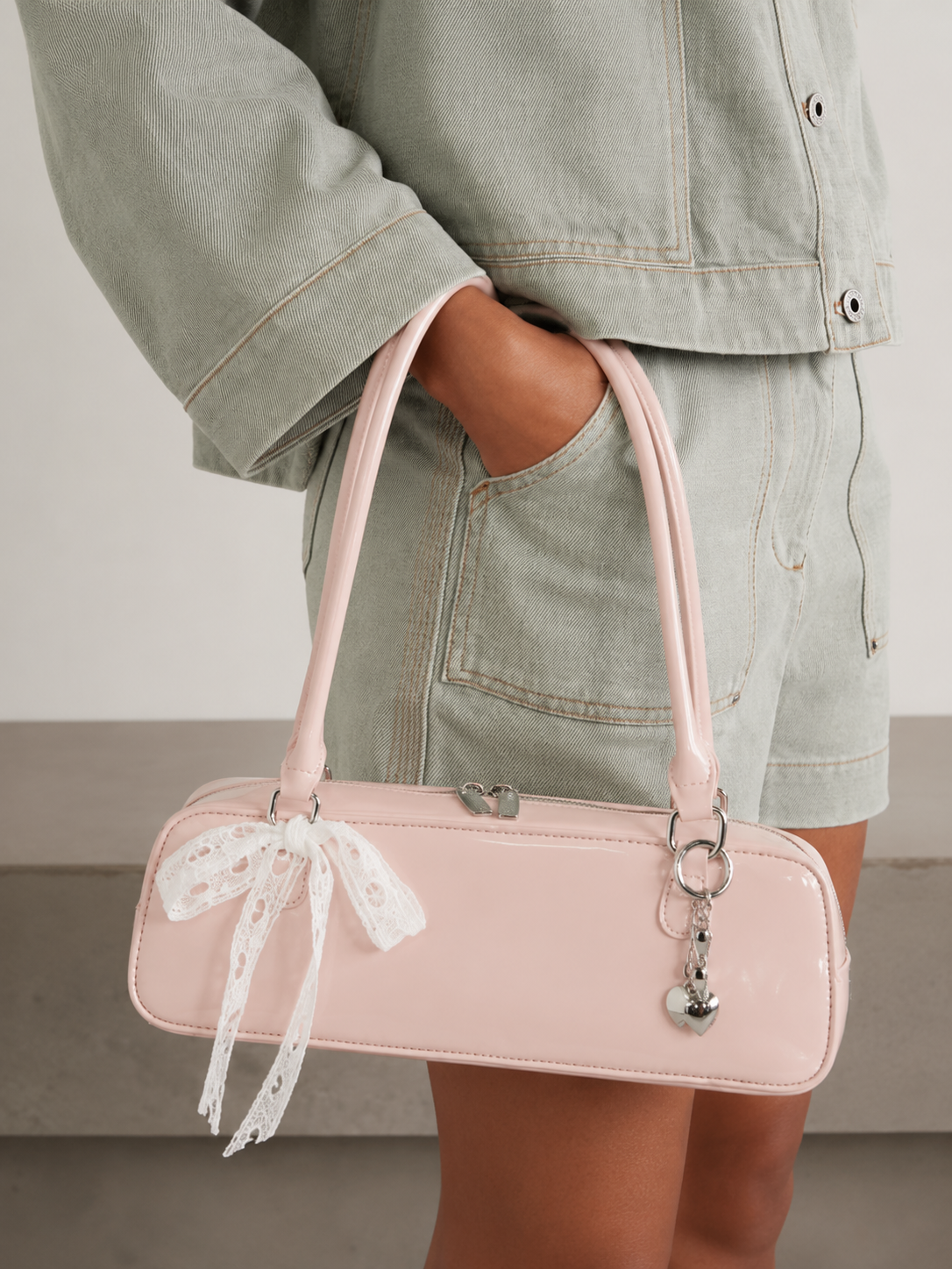 Rosalie | Women’s Blush Pink Patent Leather East-West Bowling Shoulder Bag with Lace Bow & Heart Charm | Premium Faux Leather Handbag