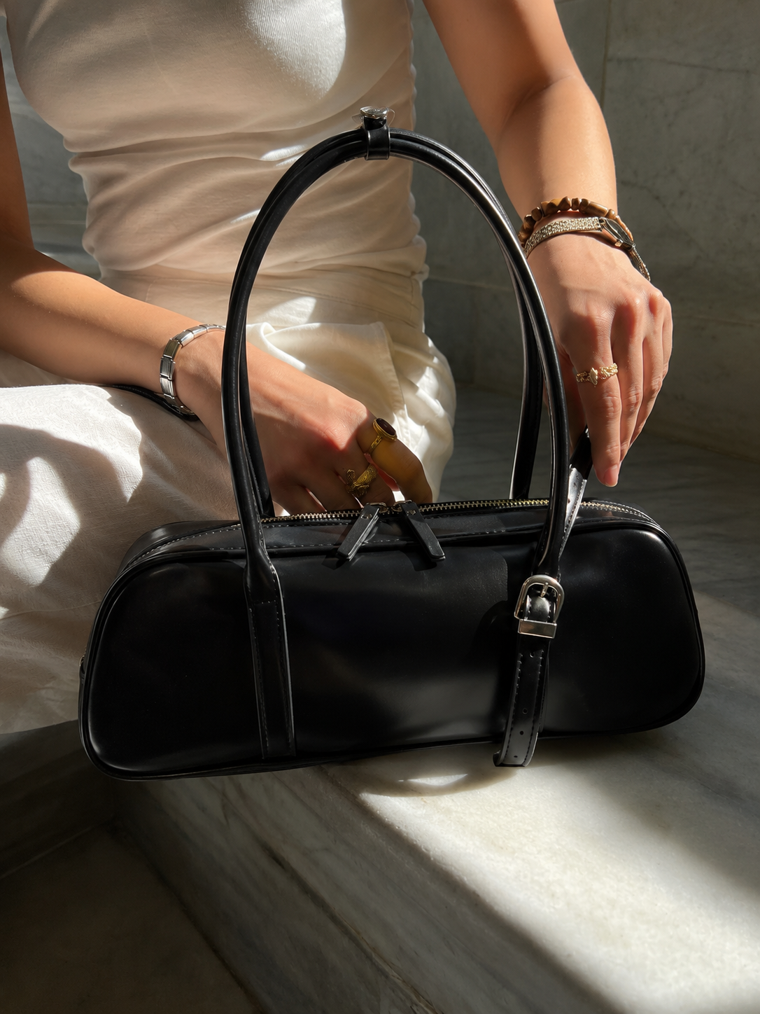 Noir | Women’s Black East-West Bowling Shoulder Bag | Premium Faux Leather Handbag