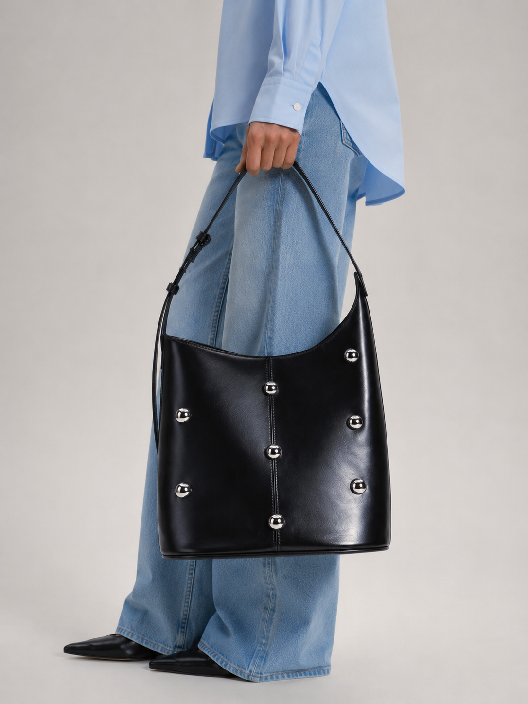 Sloane | Women’s Black Studded Bucket Shoulder Bag | Premium Faux Leather Handbag