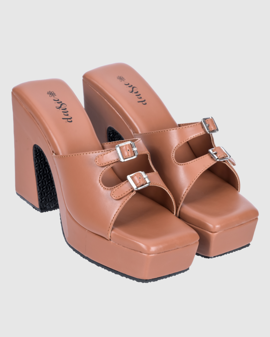 Tan Buckle Block Heels