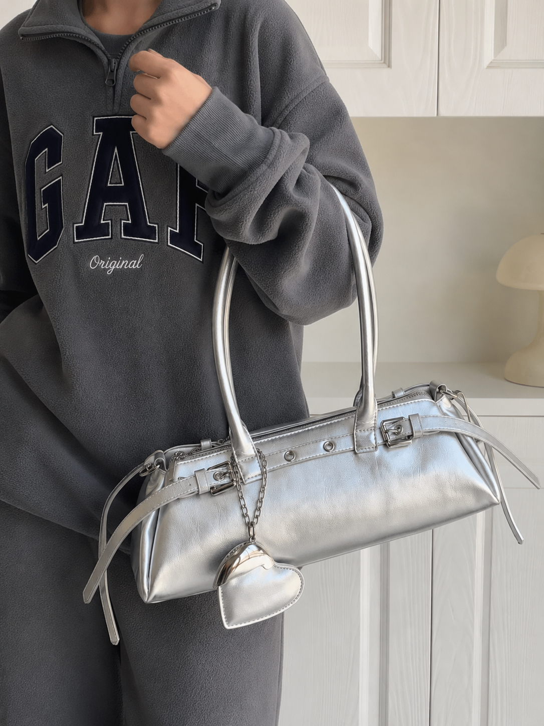 Luna | Women’s Silver Mini Bowling Top Handle Crossbody Bag | Metallic Faux Leather Handbag