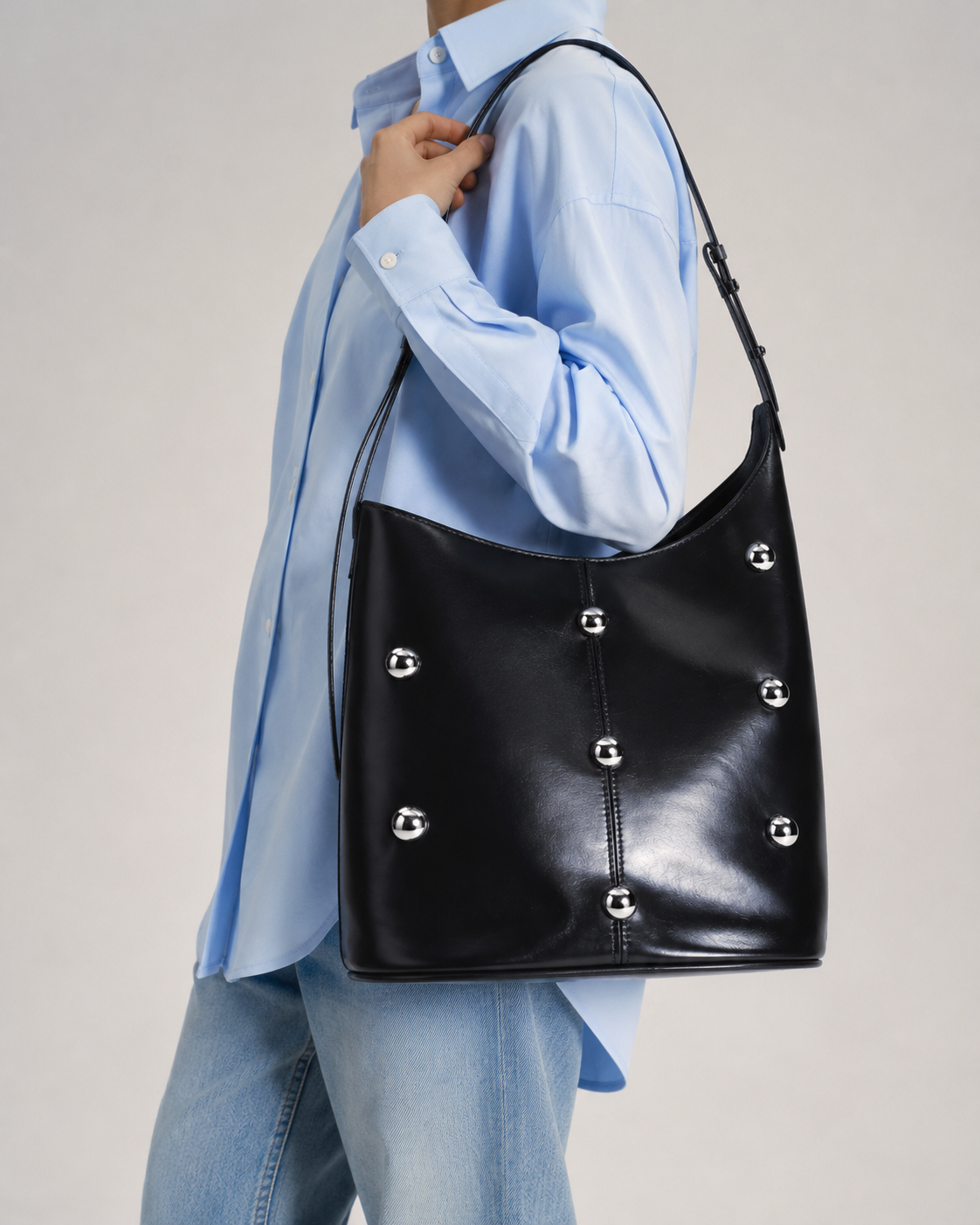 Sloane | Women’s Black Studded Bucket Shoulder Bag | Premium Faux Leather Handbag