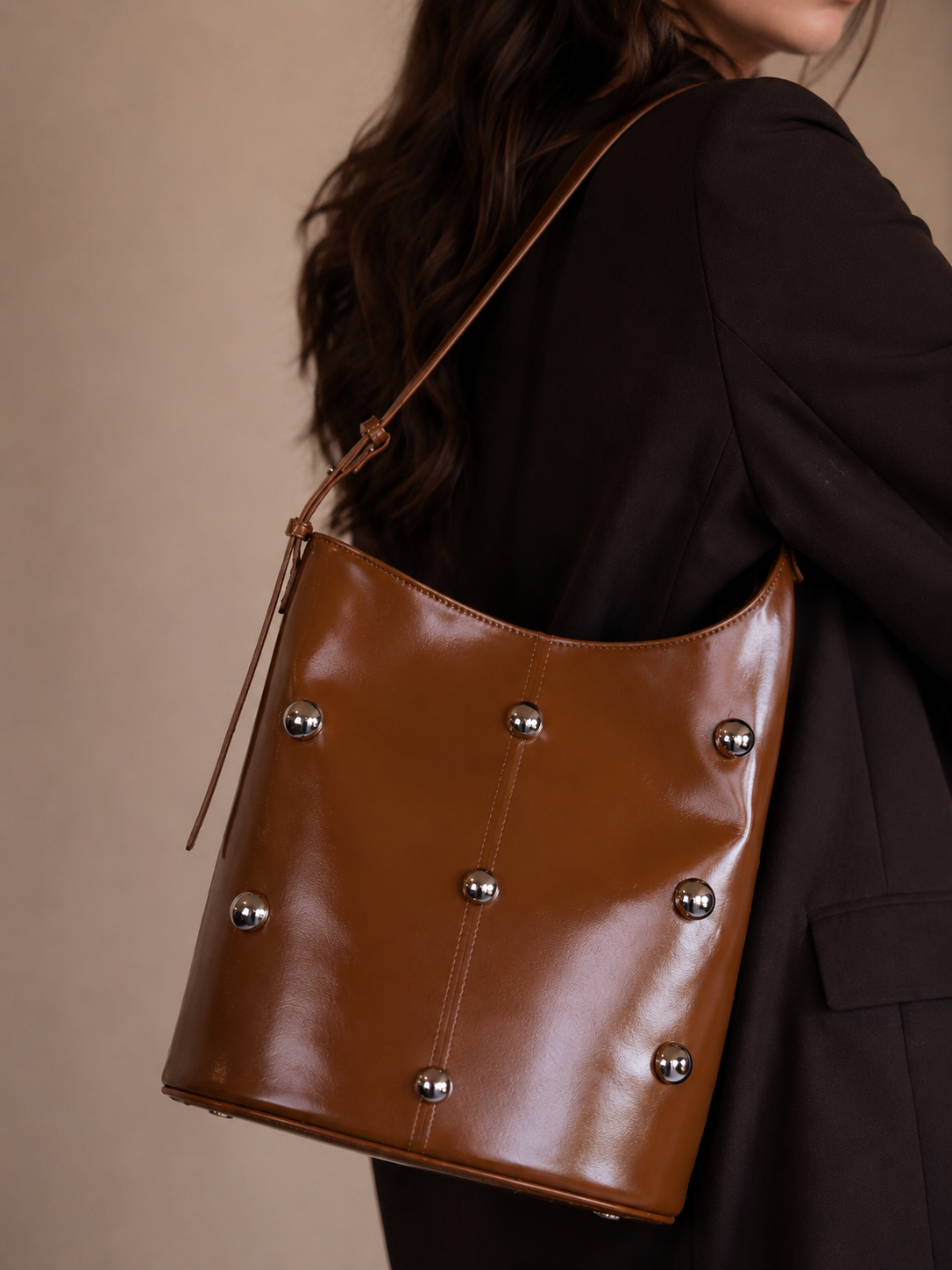 Harper | Women’s Tan Studded Bucket Shoulder Bag | Premium Faux Leather Handbag