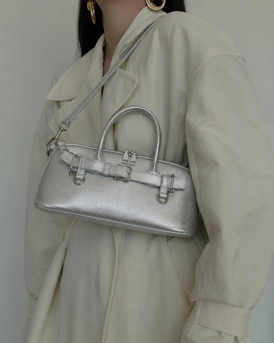Lyra | Women’s Silver Mini Belted Top Handle Bag with Detachable Sling | Premium Faux Leather Handbag