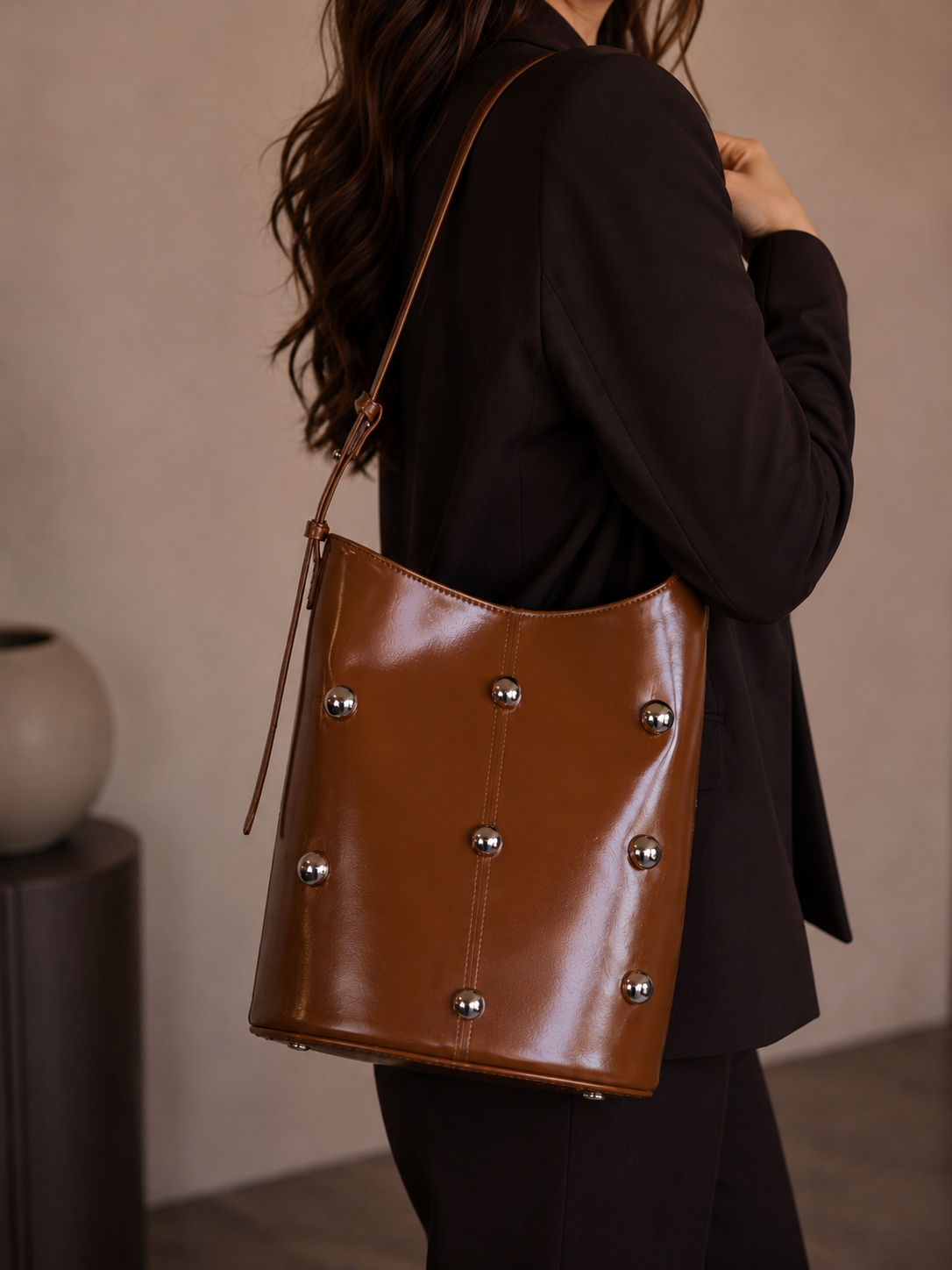 Harper | Women’s Tan Studded Bucket Shoulder Bag | Premium Faux Leather Handbag