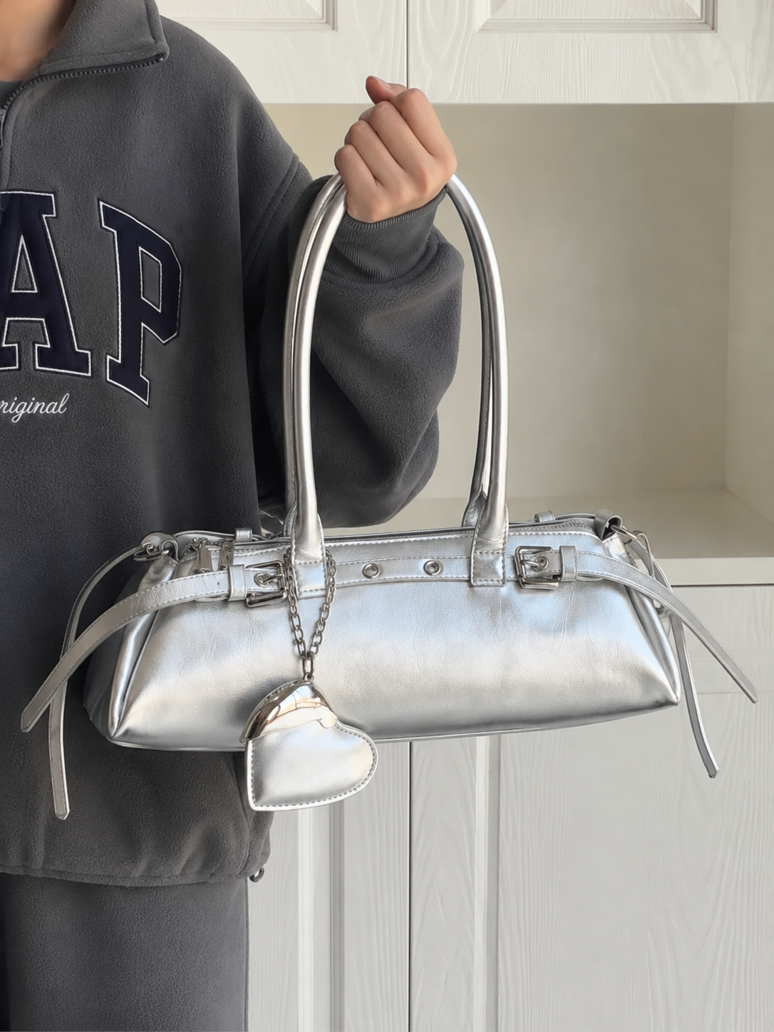 Luna | Women’s Silver Mini Bowling Top Handle Crossbody Bag | Metallic Faux Leather Handbag
