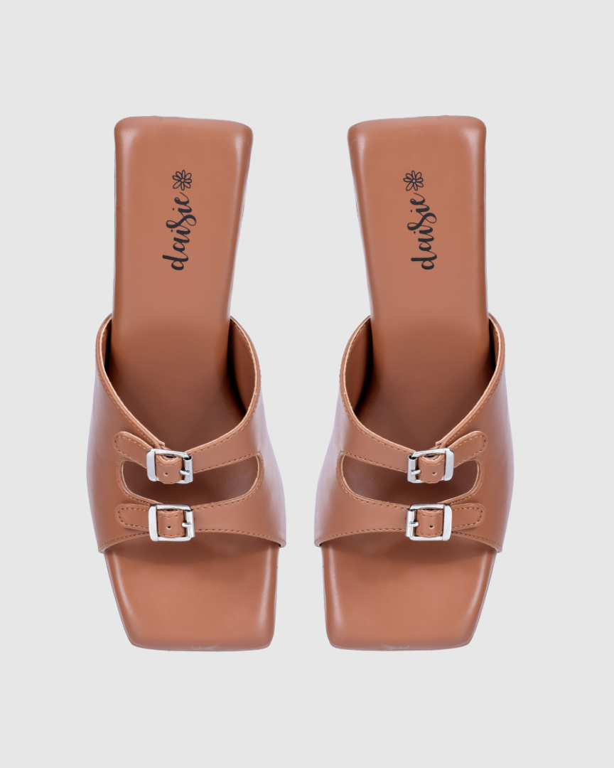 Tan Buckle Block Heels
