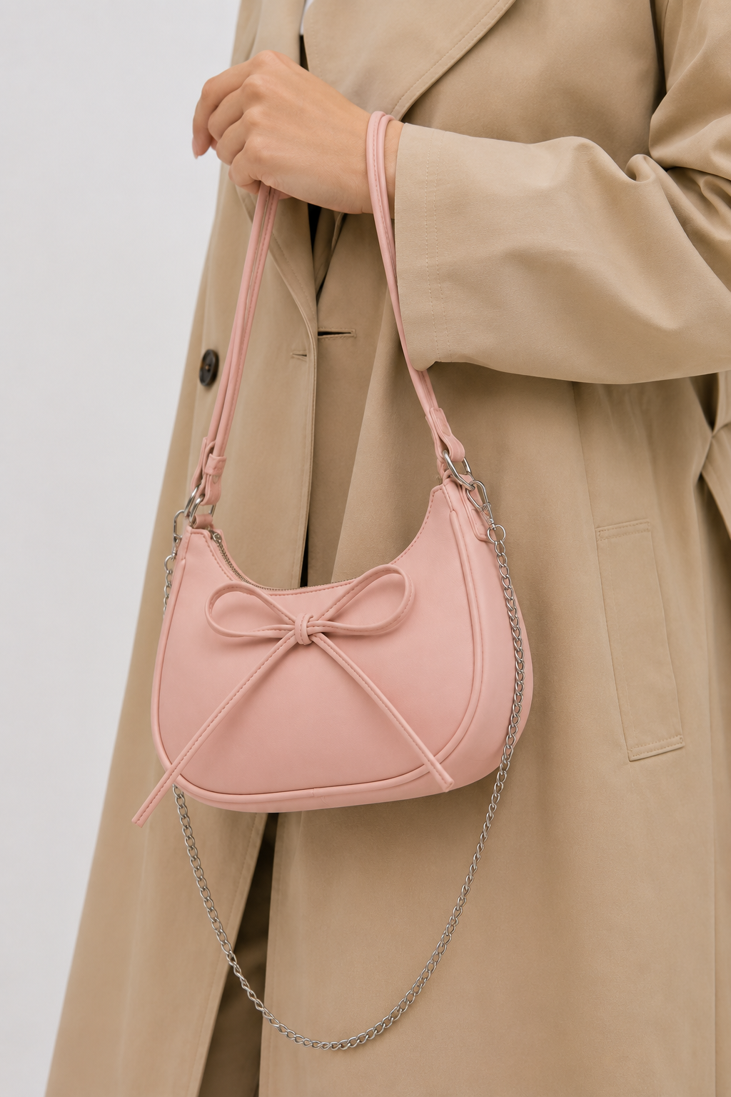 Isabelle | Women’s Blush Pink Bow Shoulder Bag | Premium Faux Leather Handbag