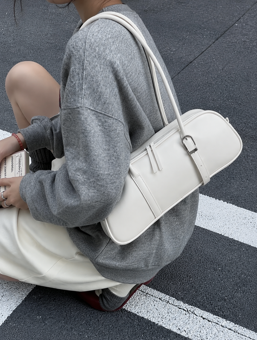 Mirelle | Women’s Ivory Shoulder Bowling Bag | Premium Faux Leather Handbag