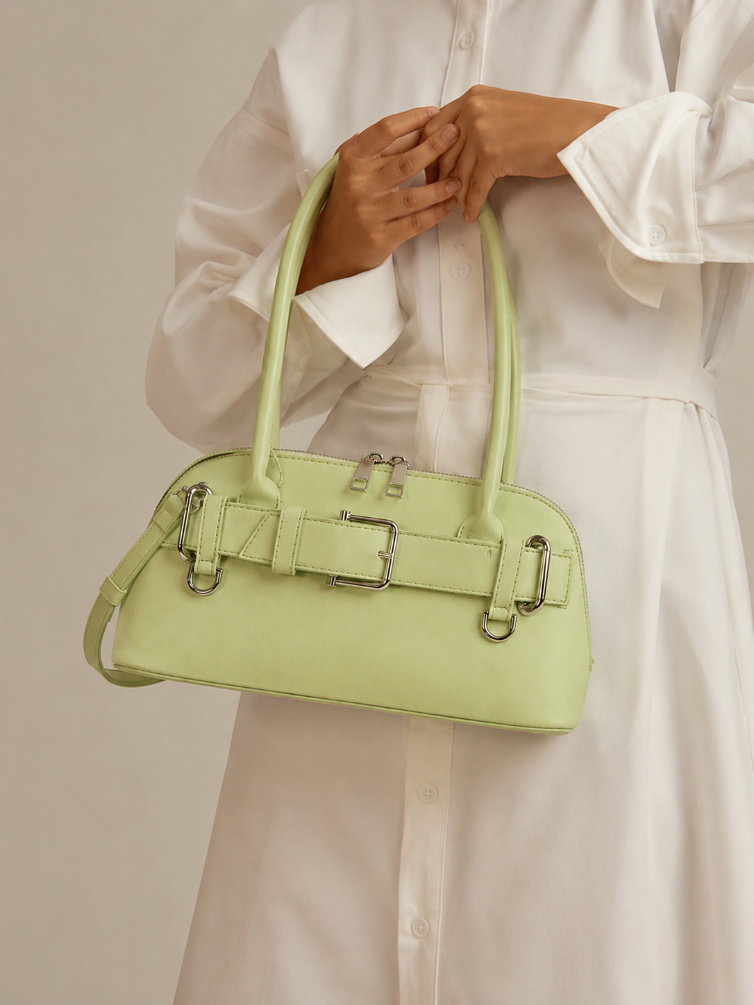 Celeste | Women’s Pistachio Green East-West Bowling Shoulder Bag | Premium Faux Leather Handbag