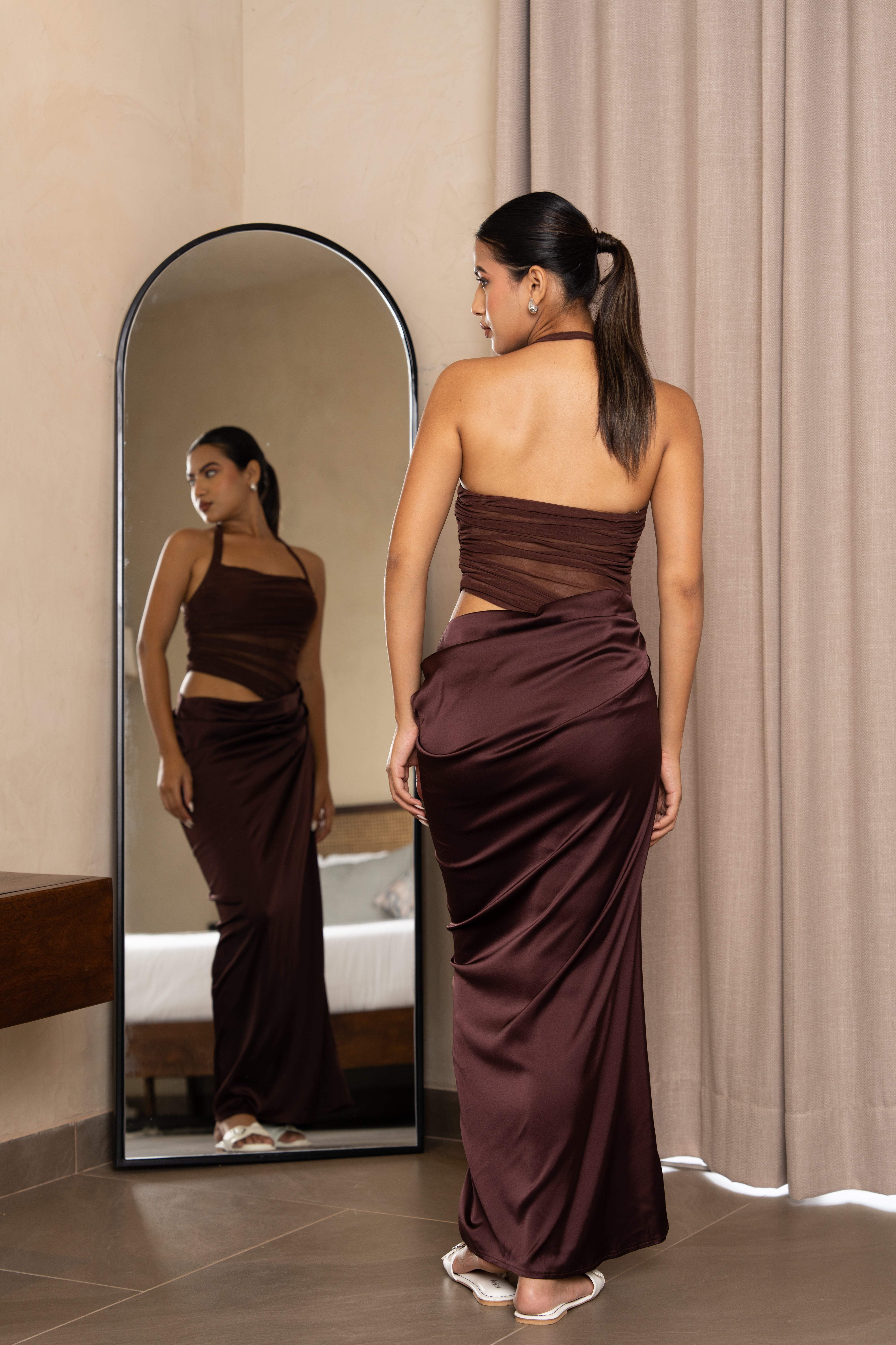 Mocha Muse Draped Halter Dress
