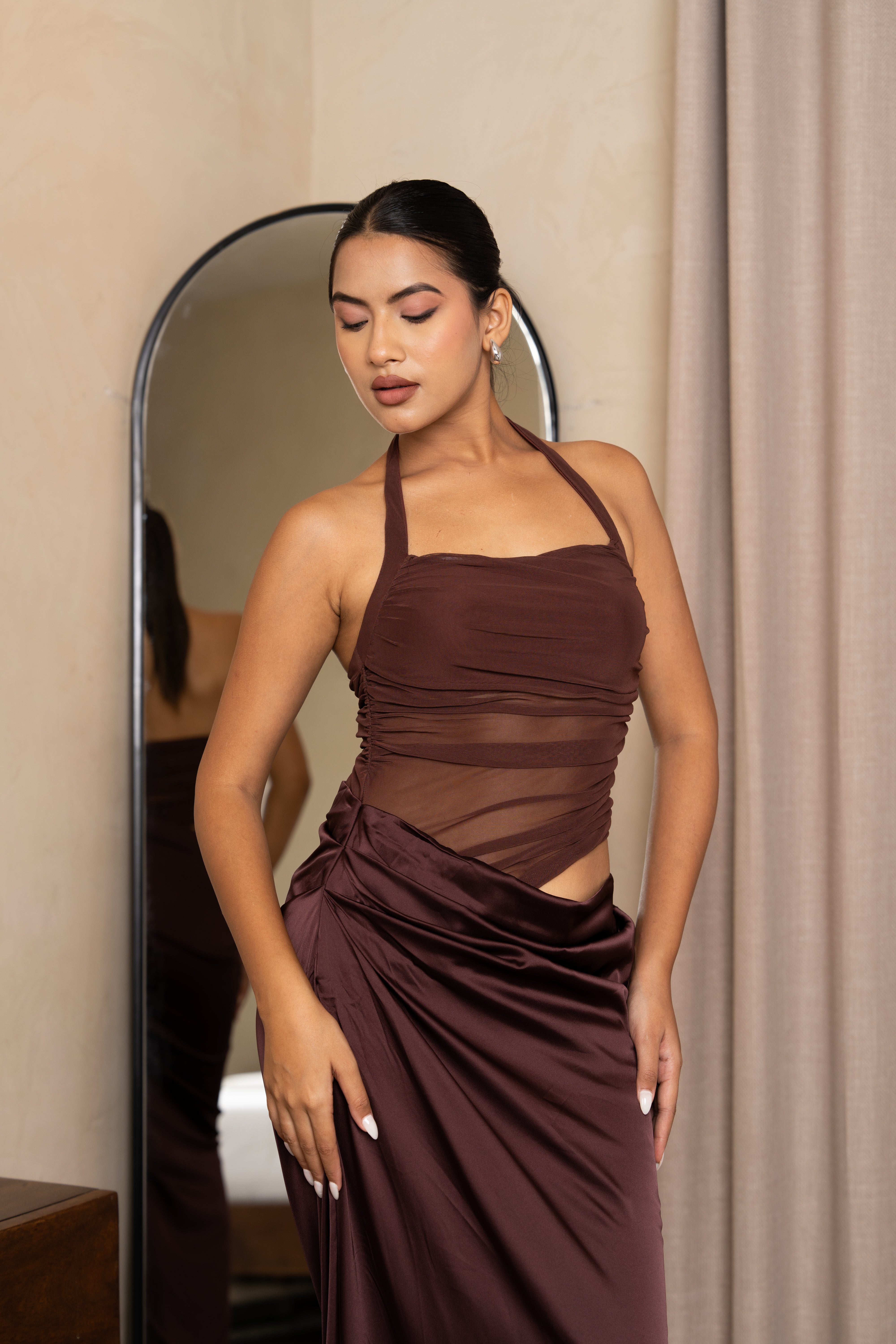 Mocha Muse Draped Halter Dress