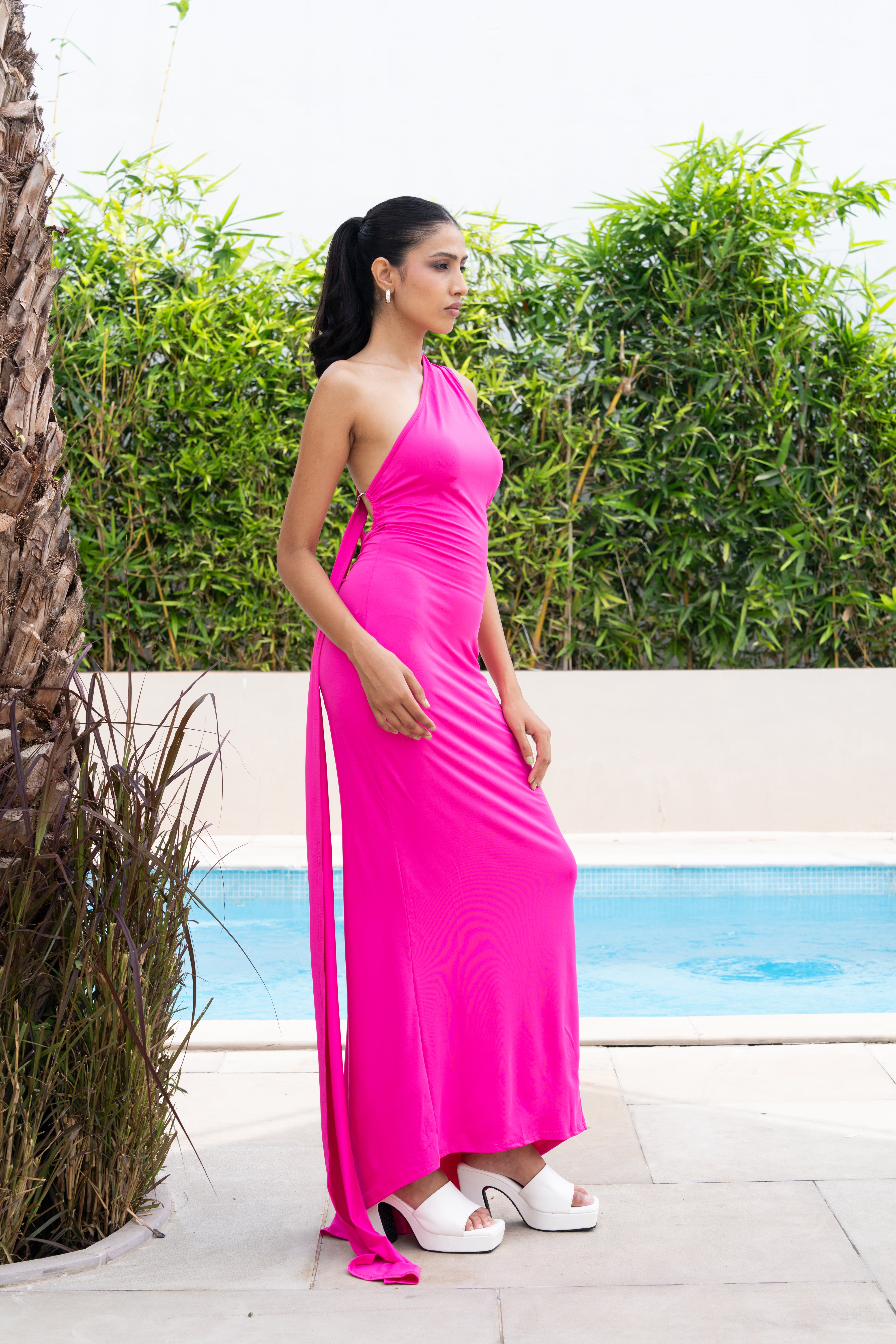Hot Pink One Shoulder Backless Maxi Gown with Train – Bold Partywear Dress