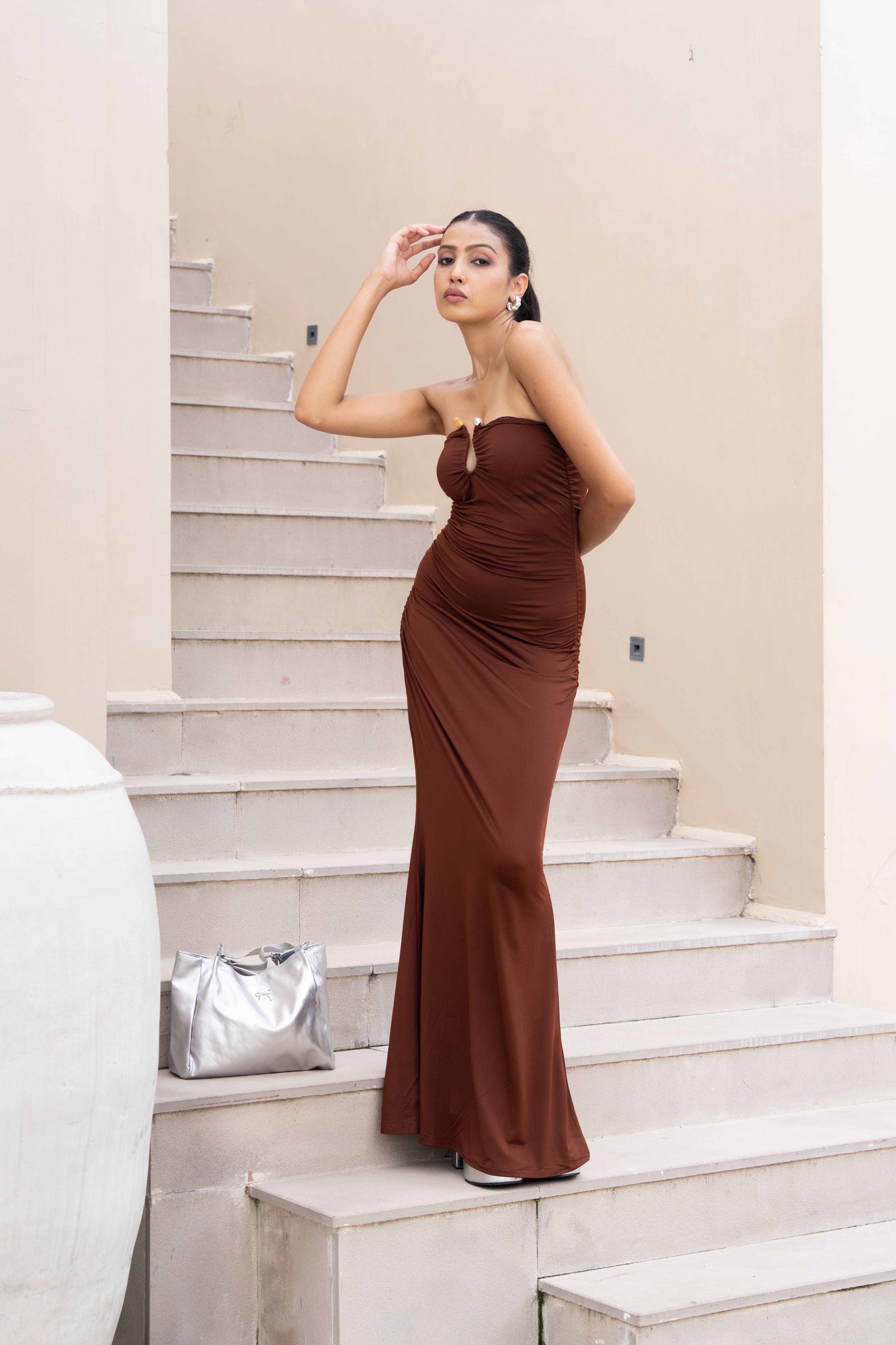 Chocolate Brown Strapless Maxi Gown – Ruched Bodycon Evening Dress for Women