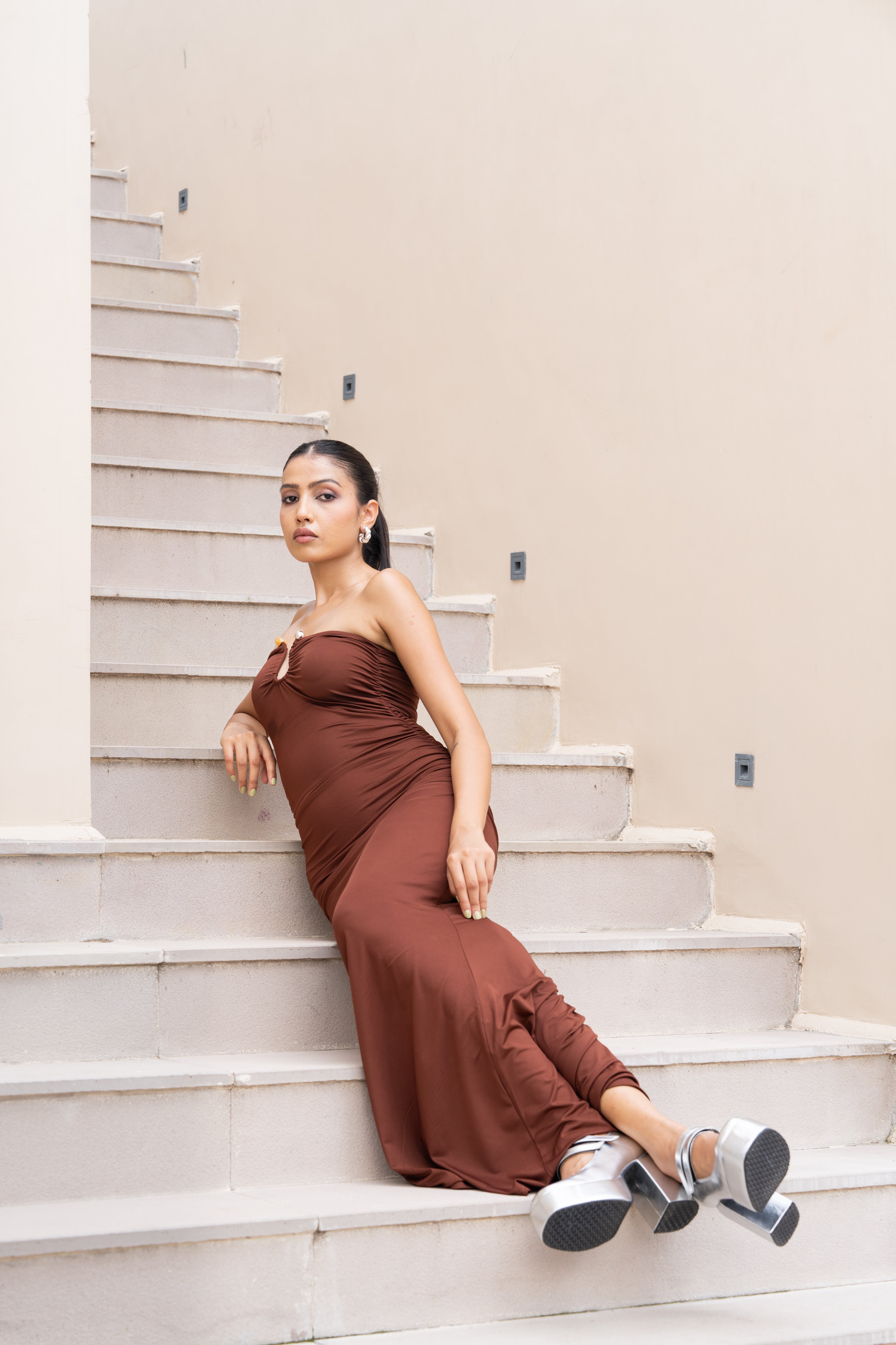 Chocolate Brown Strapless Maxi Gown – Ruched Bodycon Evening Dress for Women