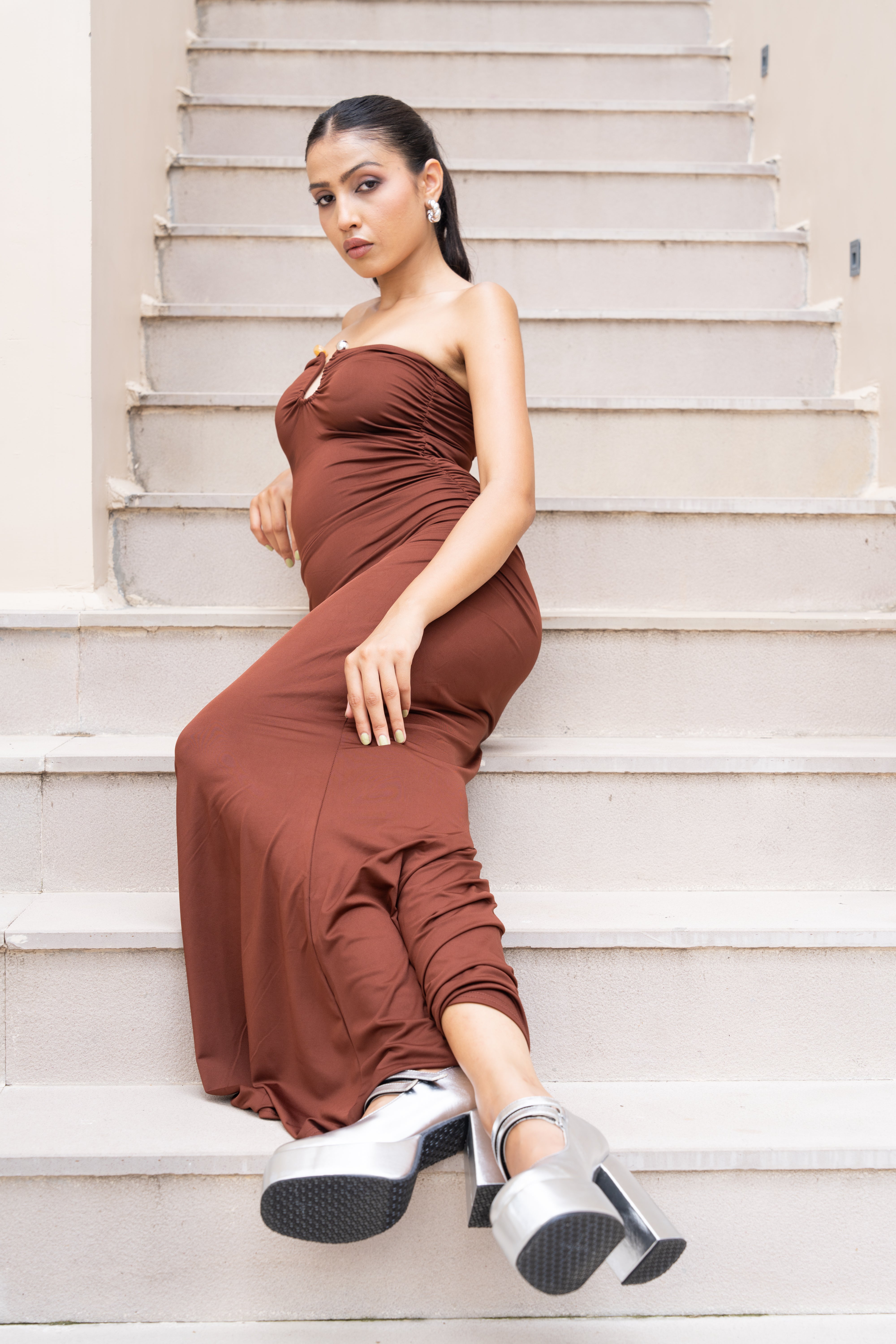 Chocolate Brown Strapless Maxi Gown – Ruched Bodycon Evening Dress for Women