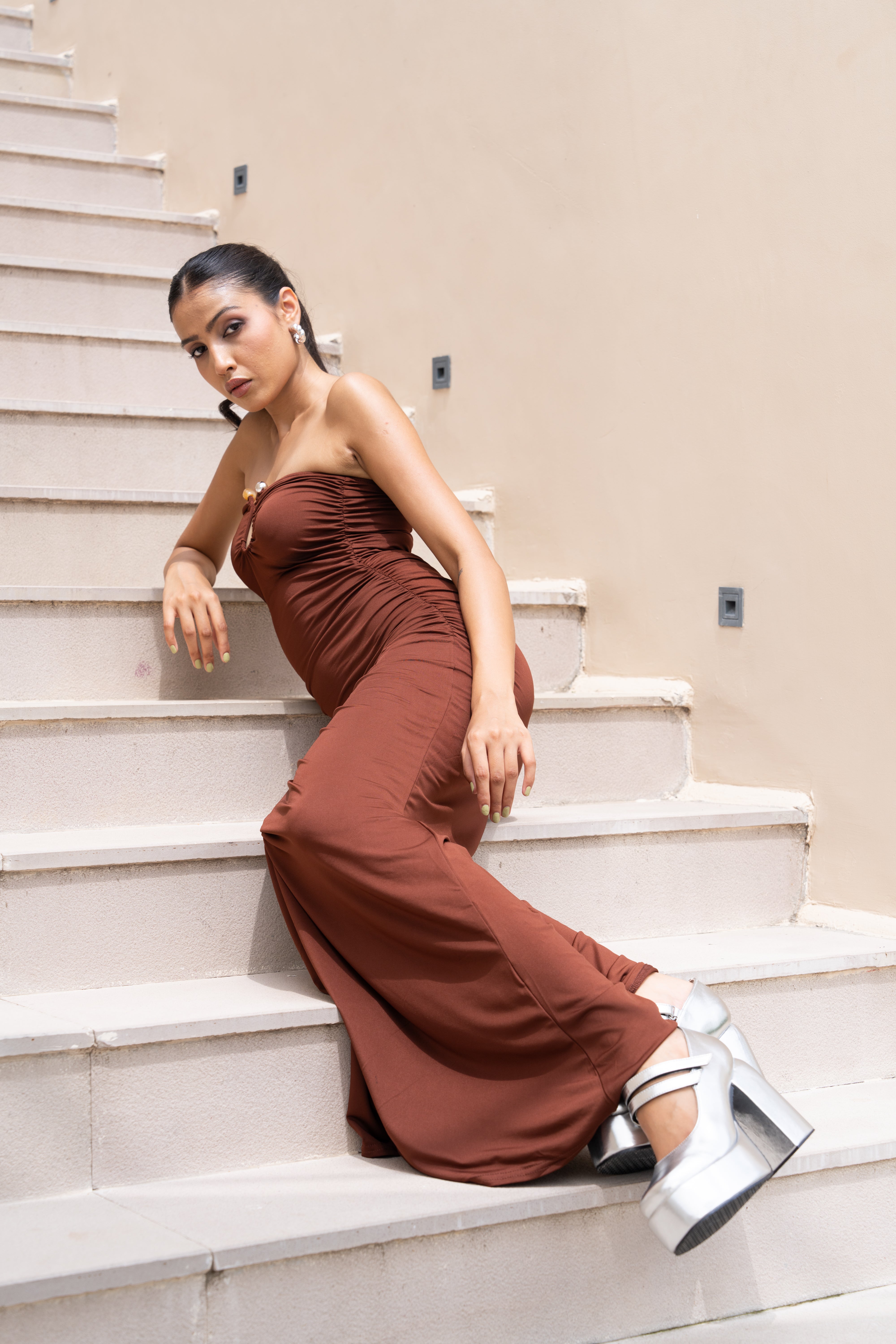 Chocolate Brown Strapless Maxi Gown – Ruched Bodycon Evening Dress for Women