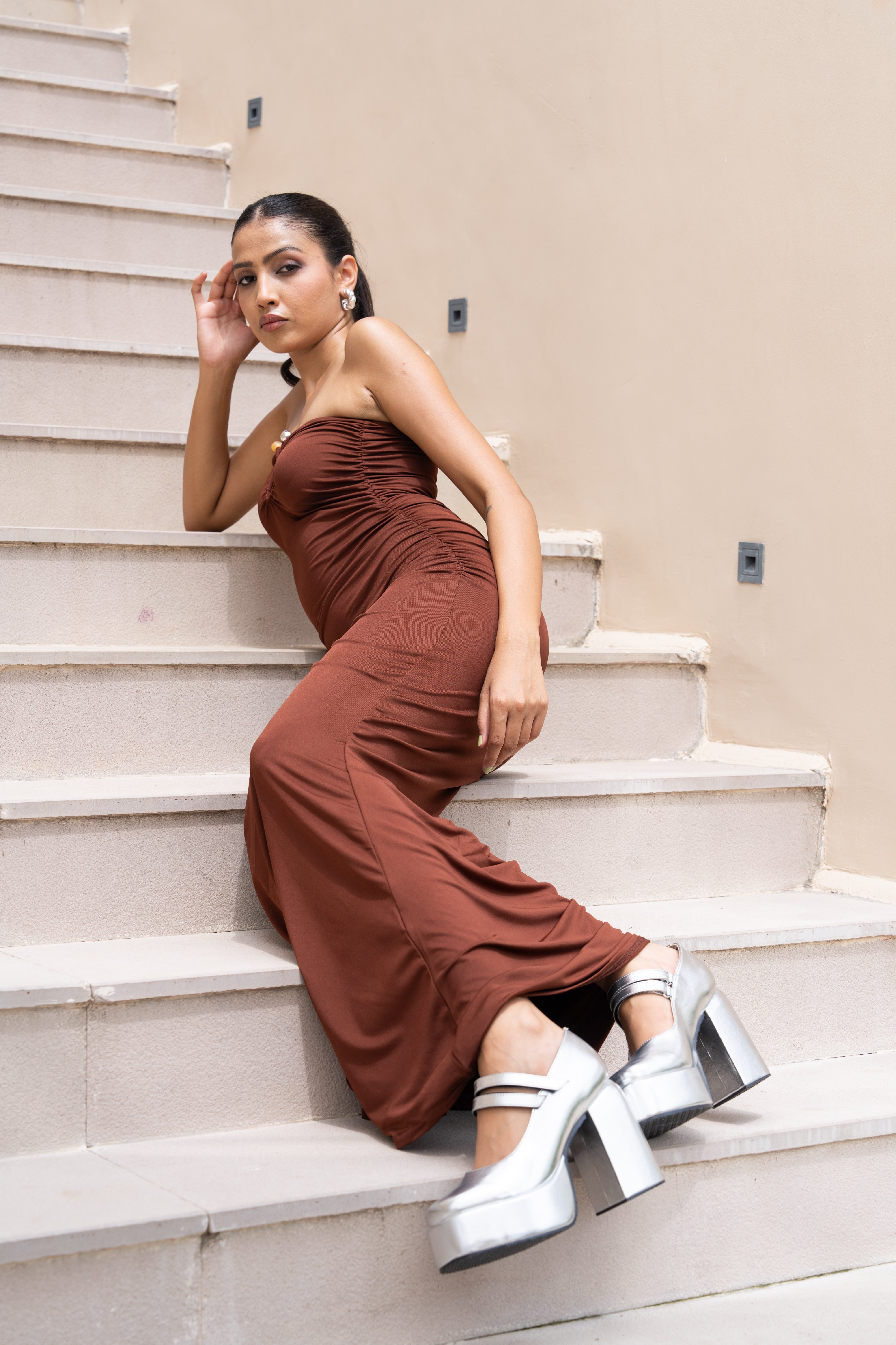 Chocolate Brown Strapless Maxi Gown – Ruched Bodycon Evening Dress for Women