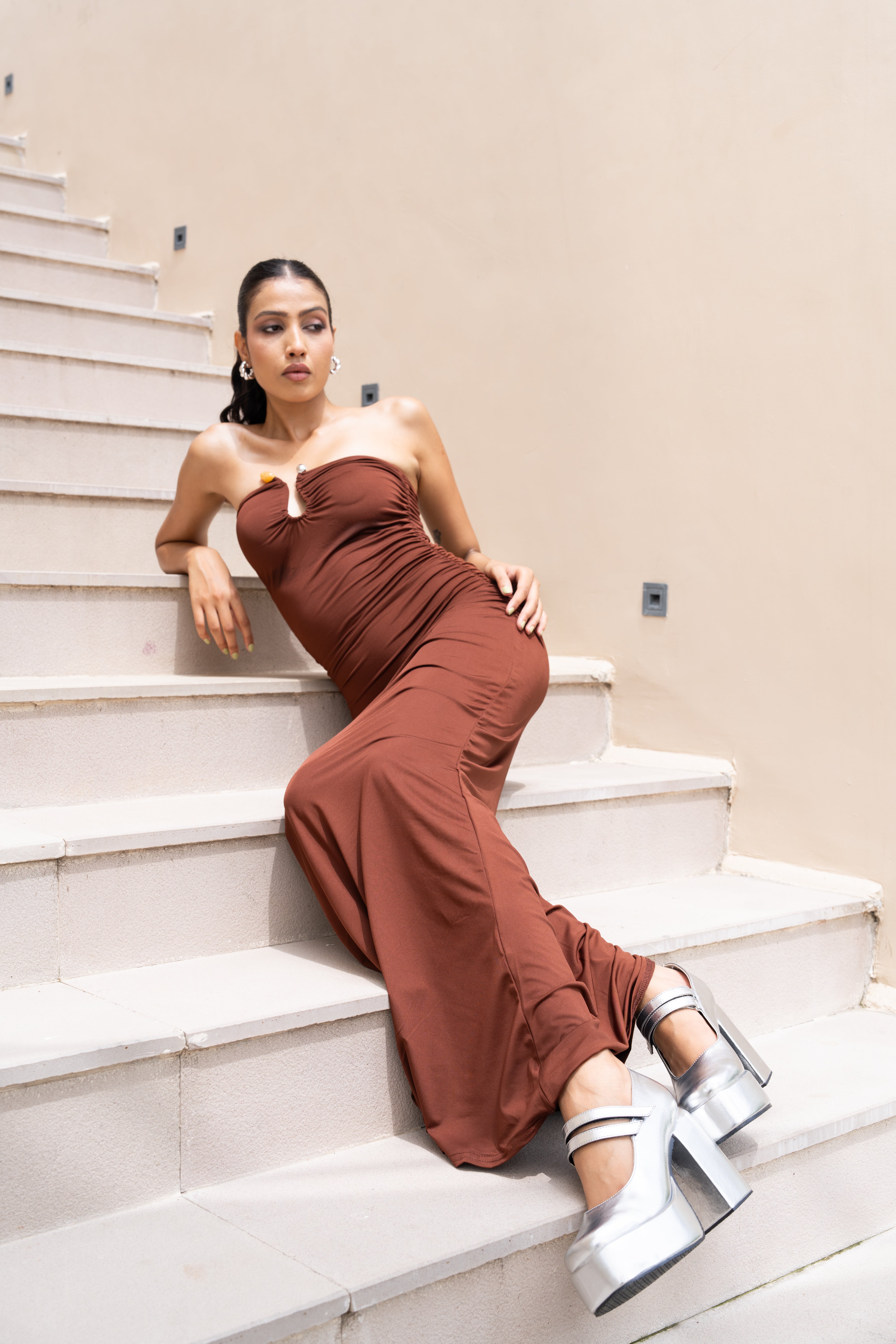 Chocolate Brown Strapless Maxi Gown – Ruched Bodycon Evening Dress for Women