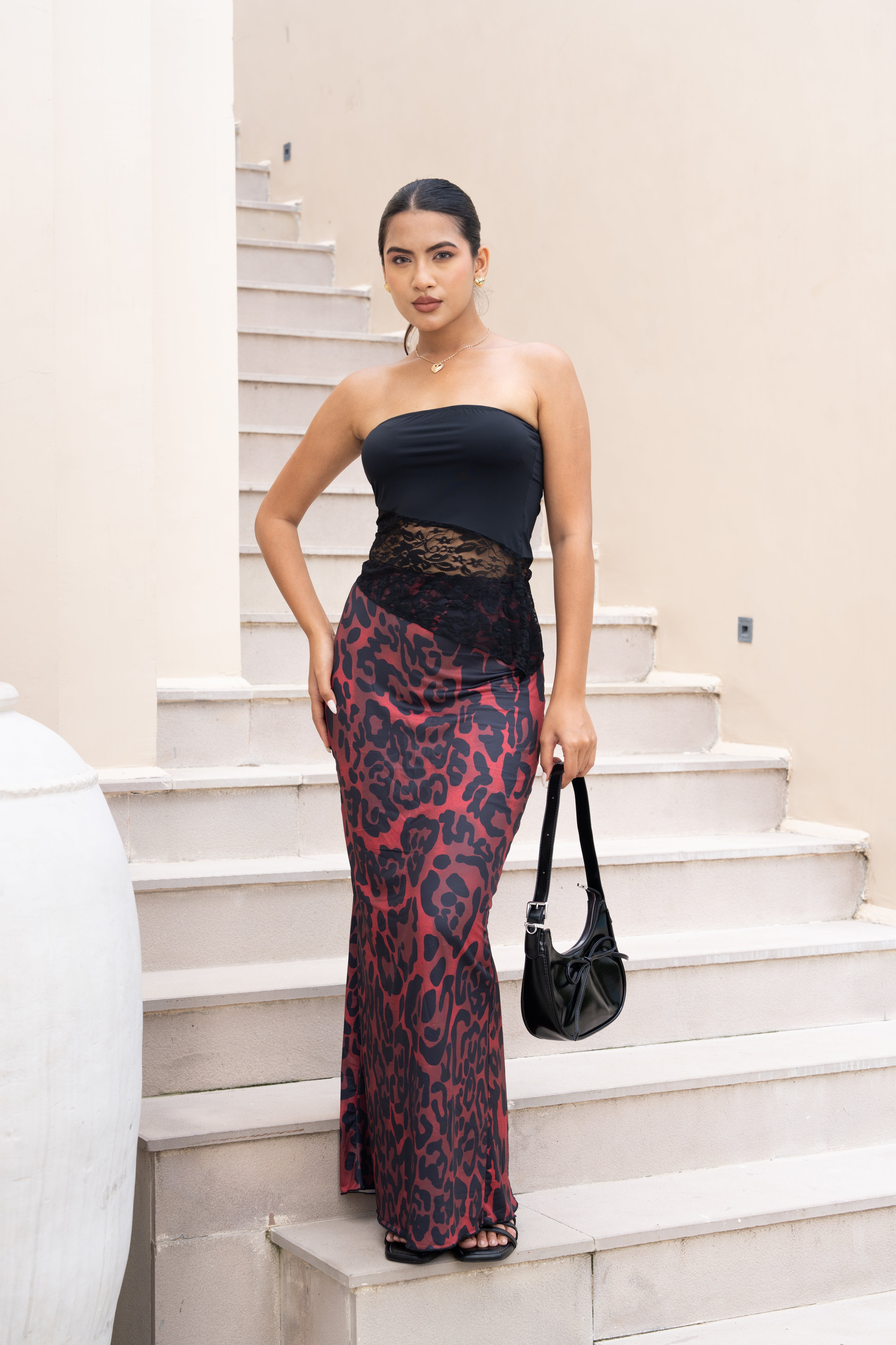 Black & Red Leopard Print Co-ord Set – Strapless Lace Corset Top & Maxi Skirt for Women