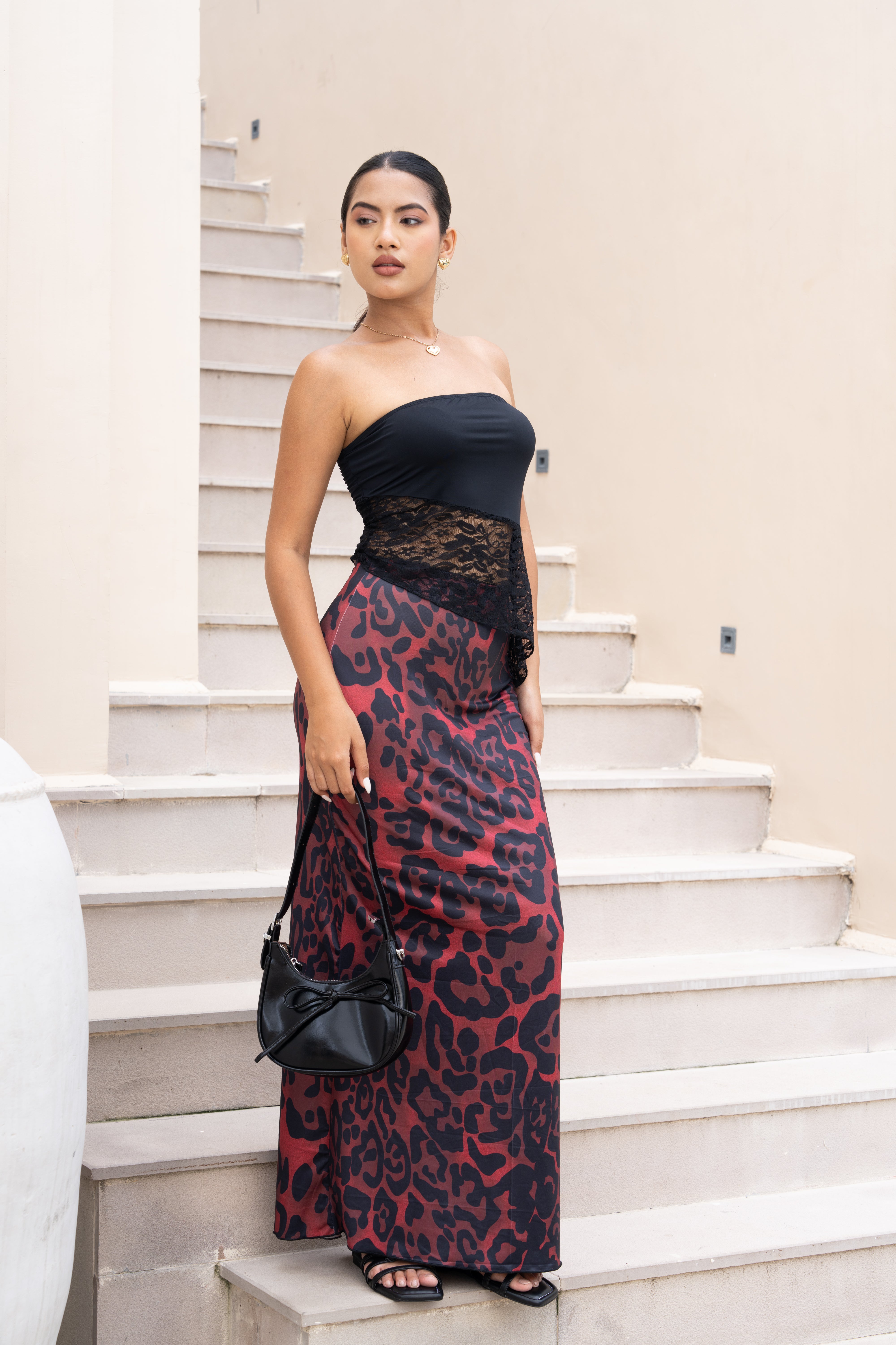 Black & Red Leopard Print Co-ord Set – Strapless Lace Corset Top & Maxi Skirt for Women