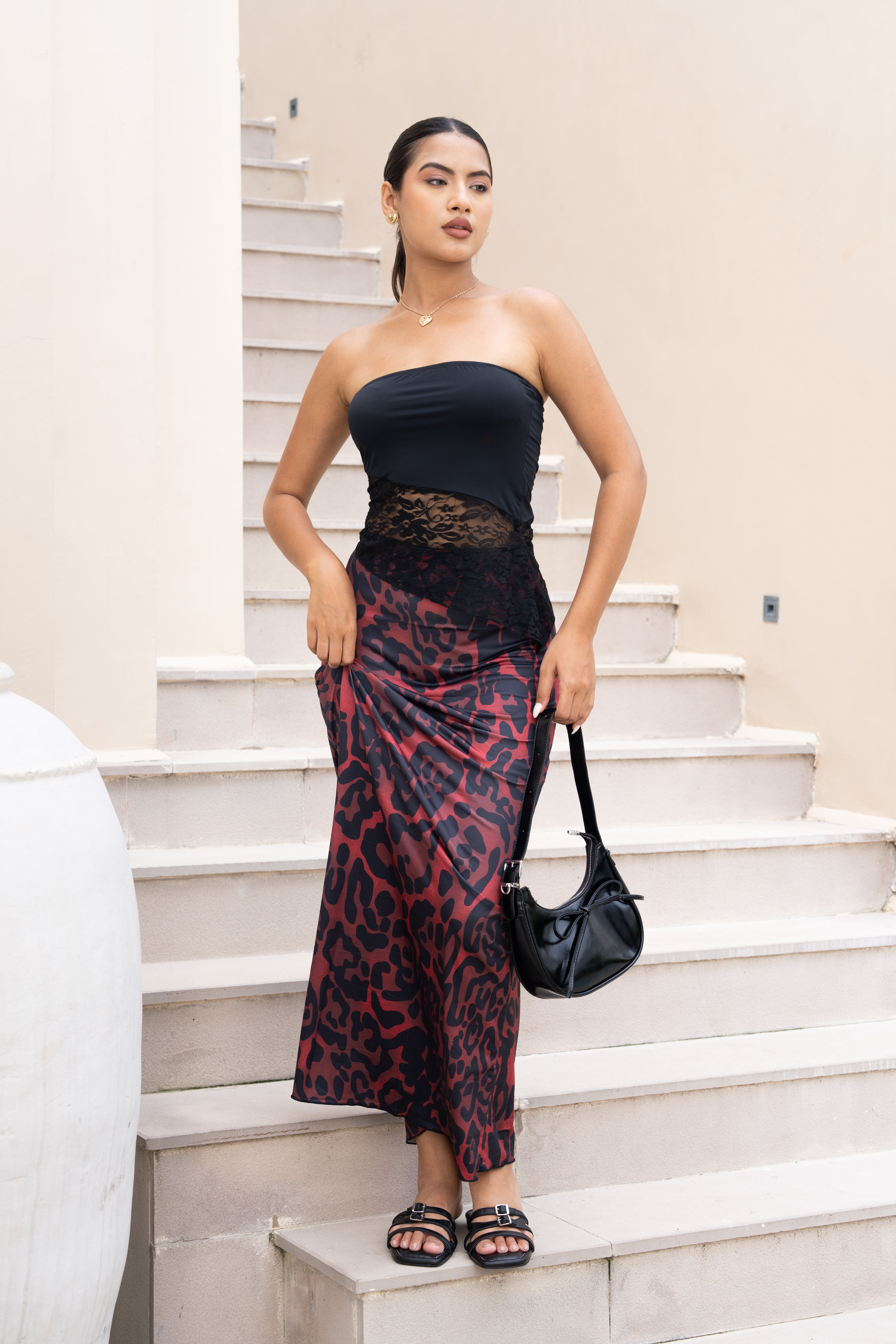 Black & Red Leopard Print Co-ord Set – Strapless Lace Corset Top & Maxi Skirt for Women
