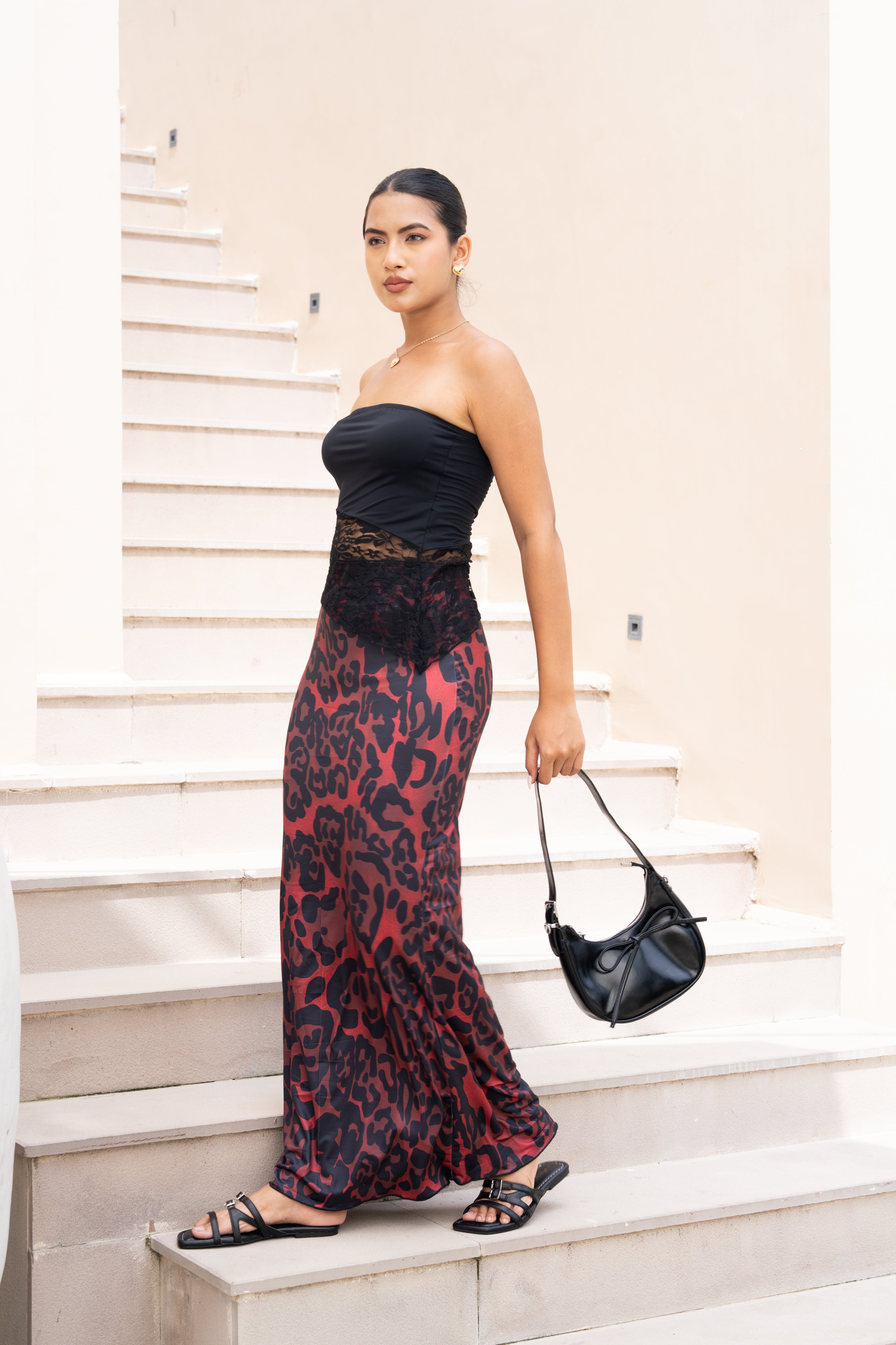 Black & Red Leopard Print Co-ord Set – Strapless Lace Corset Top & Maxi Skirt for Women