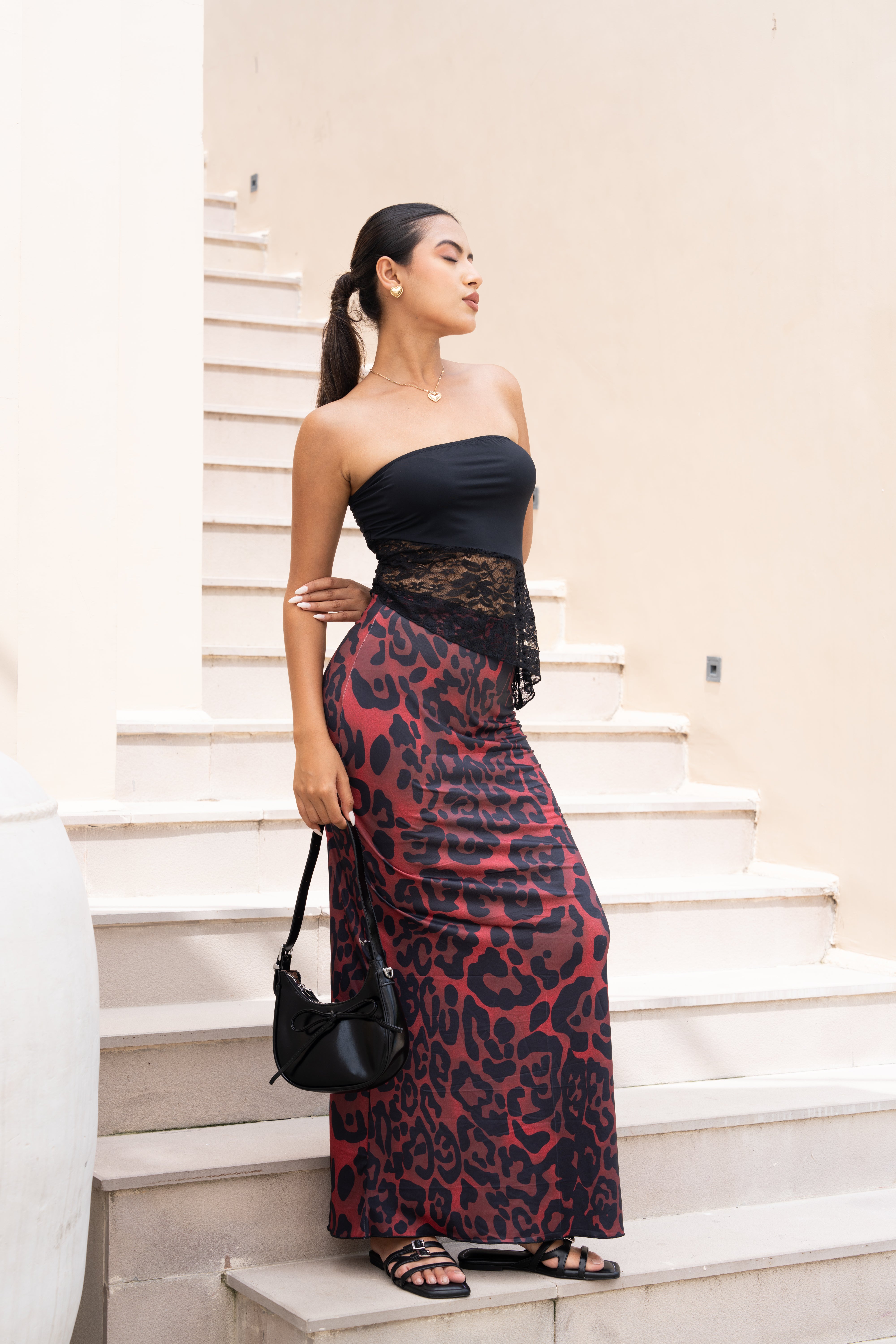 Black & Red Leopard Print Co-ord Set – Strapless Lace Corset Top & Maxi Skirt for Women