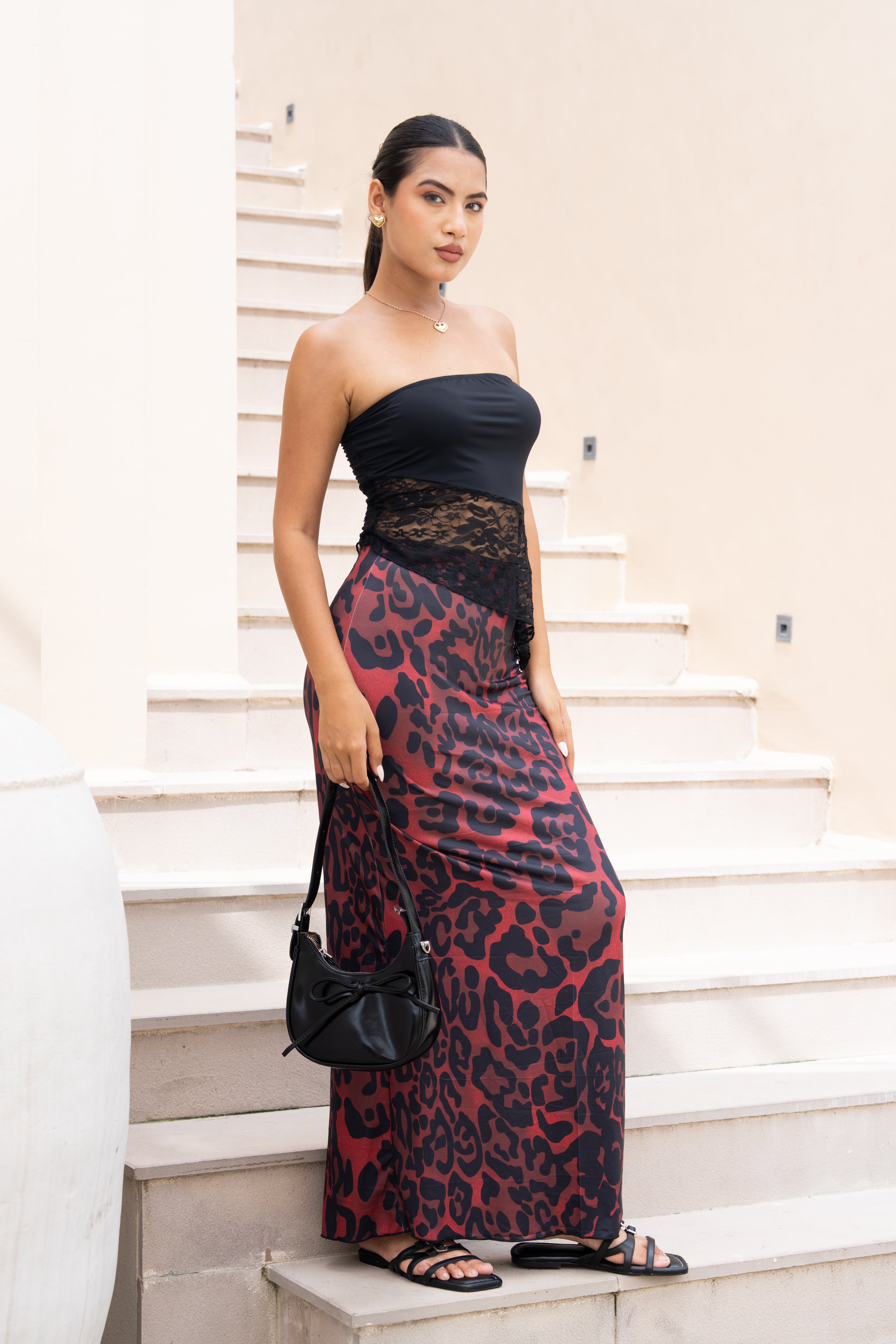 Black & Red Leopard Print Co-ord Set – Strapless Lace Corset Top & Maxi Skirt for Women