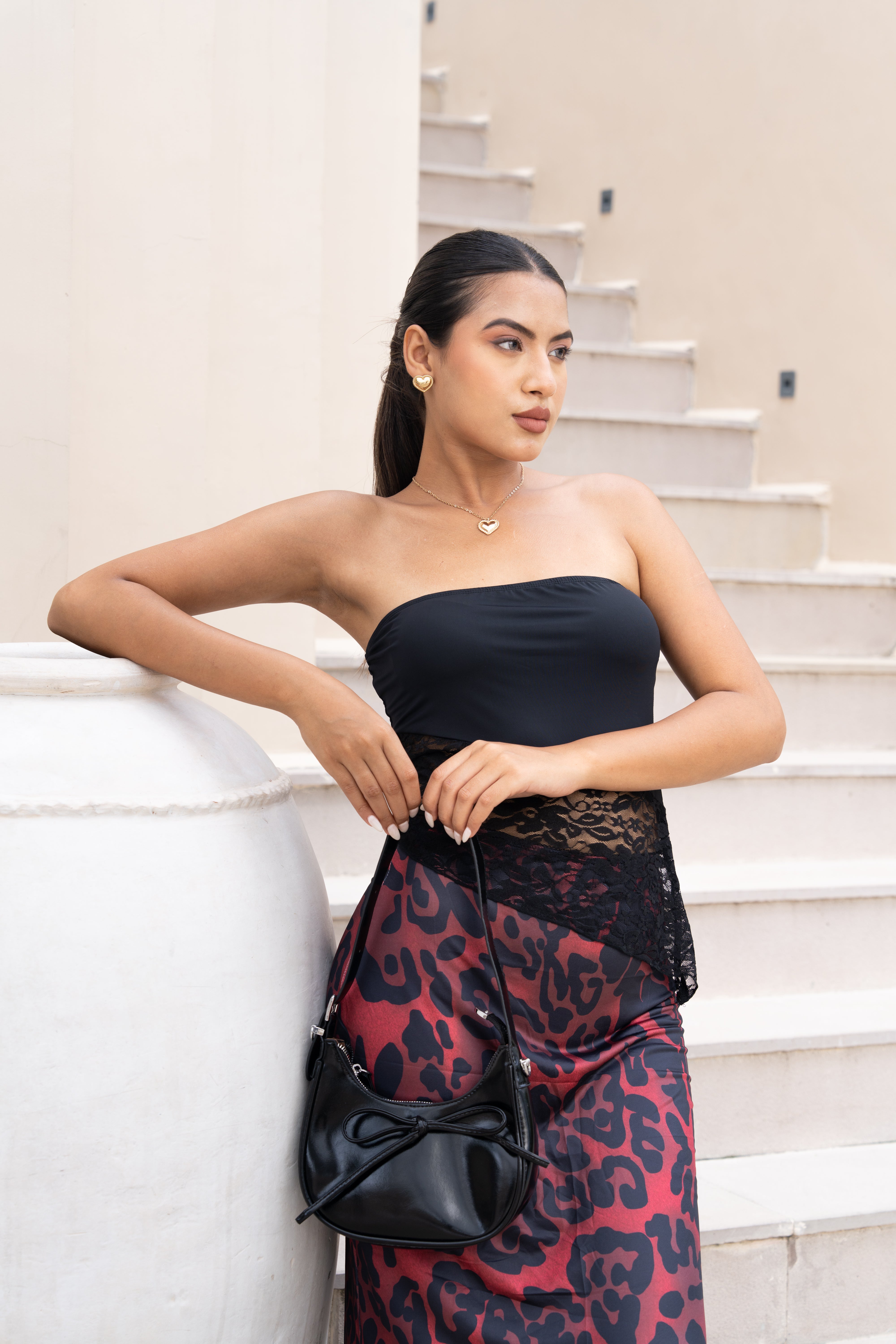 Black & Red Leopard Print Co-ord Set – Strapless Lace Corset Top & Maxi Skirt for Women