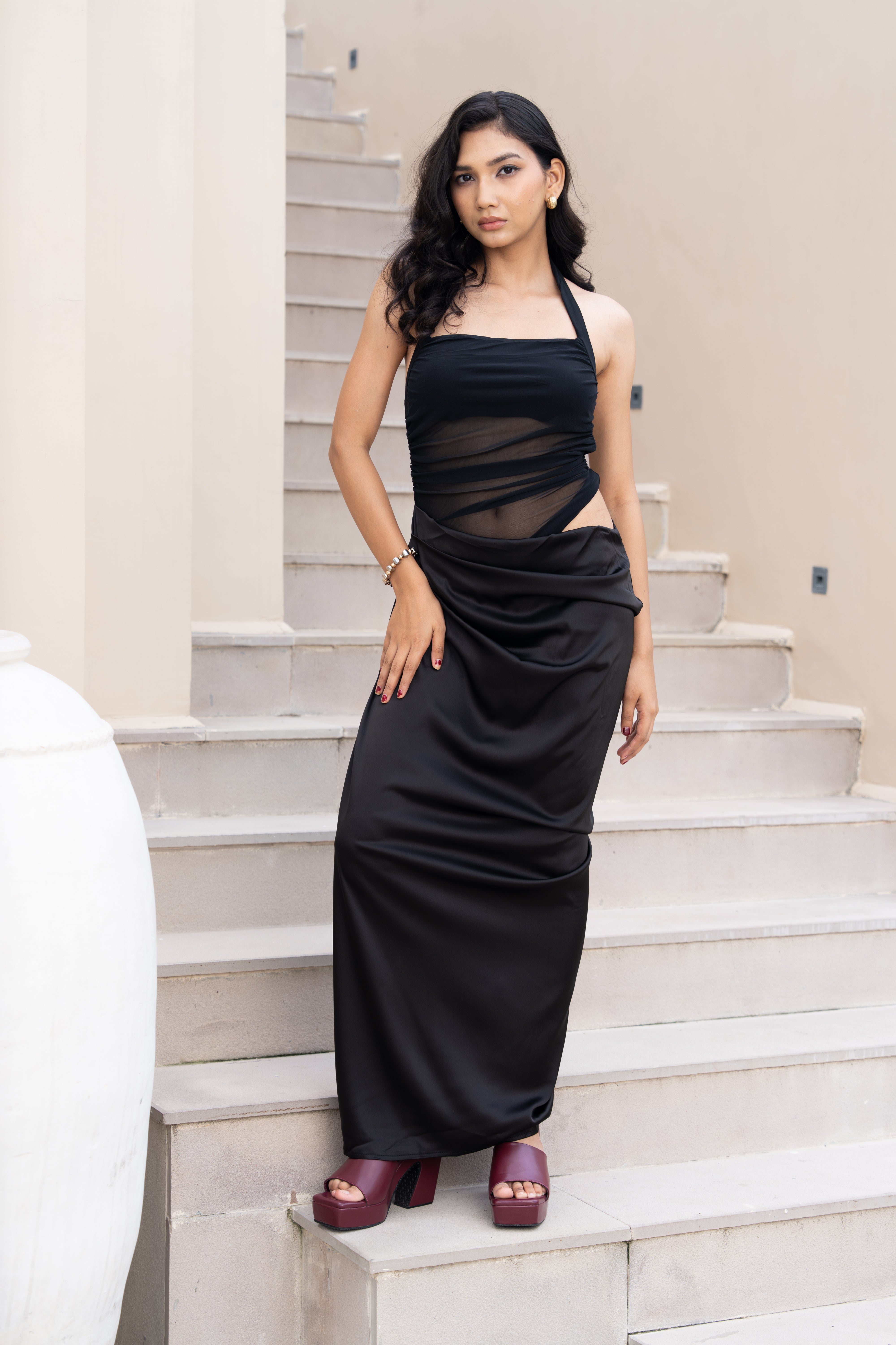 Black Sheer Mesh Panel Co-ord Set – Halter Neck Crop Top & Draped Maxi Skirt for Women