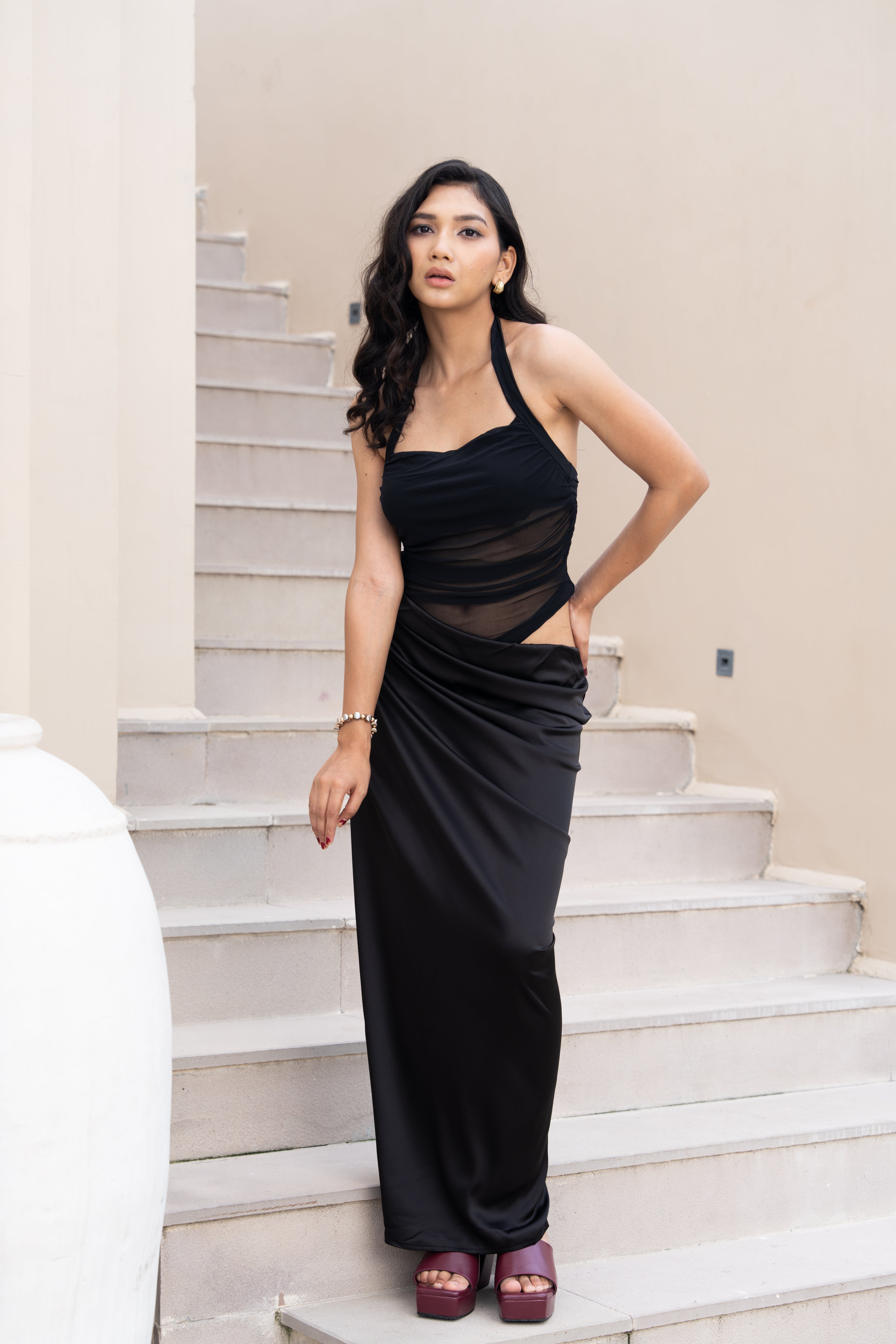 Black Sheer Mesh Panel Co-ord Set – Halter Neck Crop Top & Draped Maxi Skirt for Women