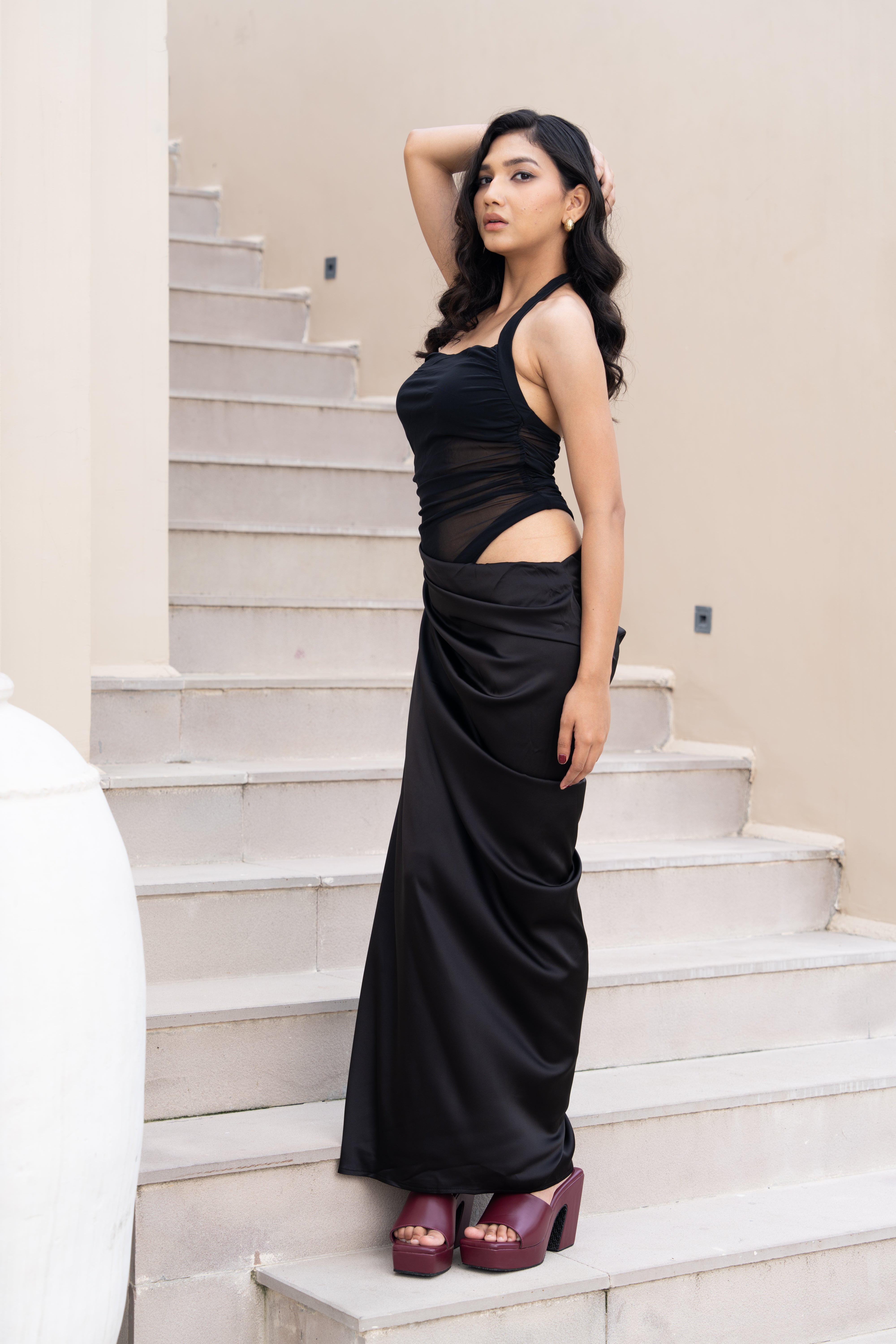 Black Sheer Mesh Panel Co-ord Set – Halter Neck Crop Top & Draped Maxi Skirt for Women