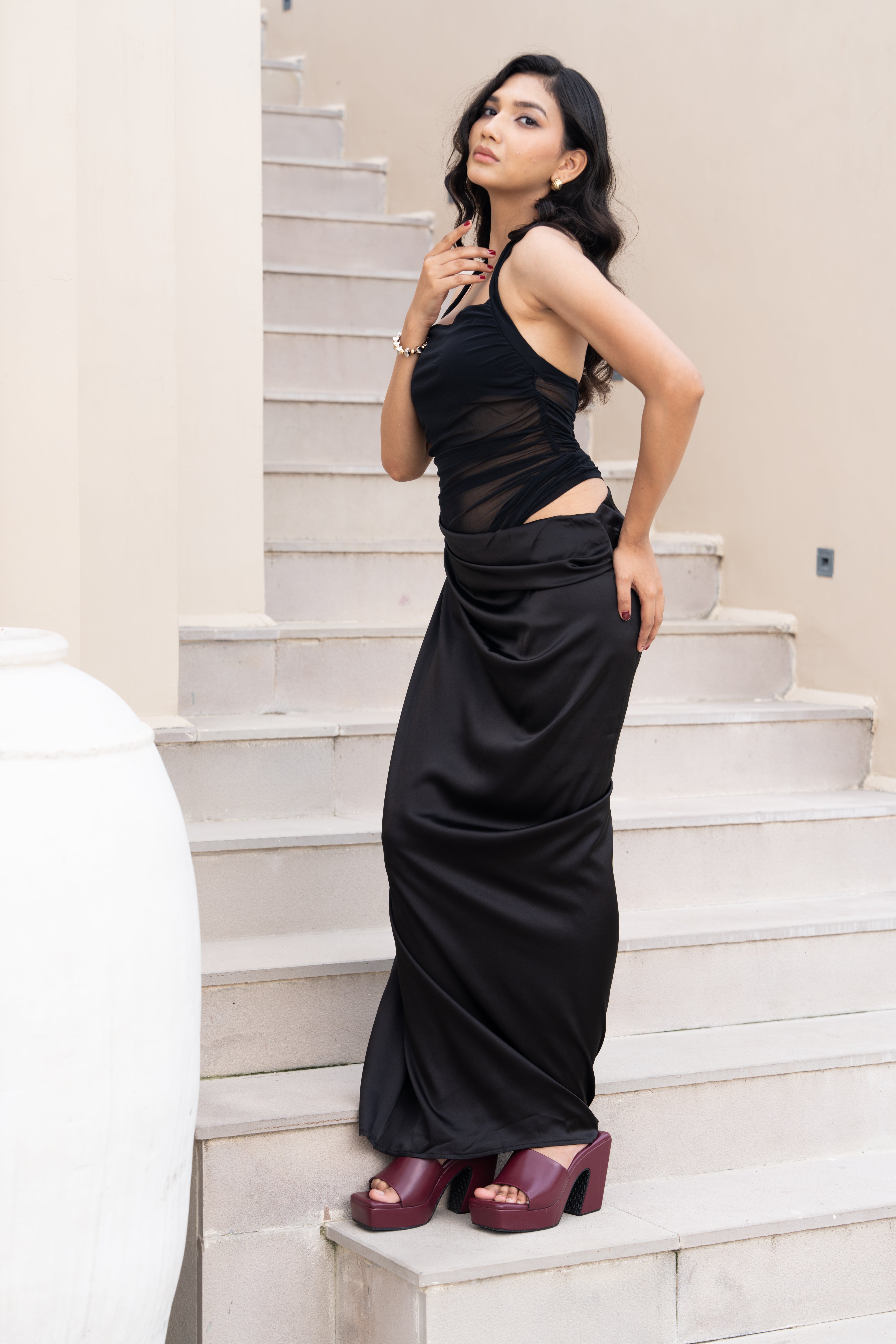 Black Sheer Mesh Panel Co-ord Set – Halter Neck Crop Top & Draped Maxi Skirt for Women