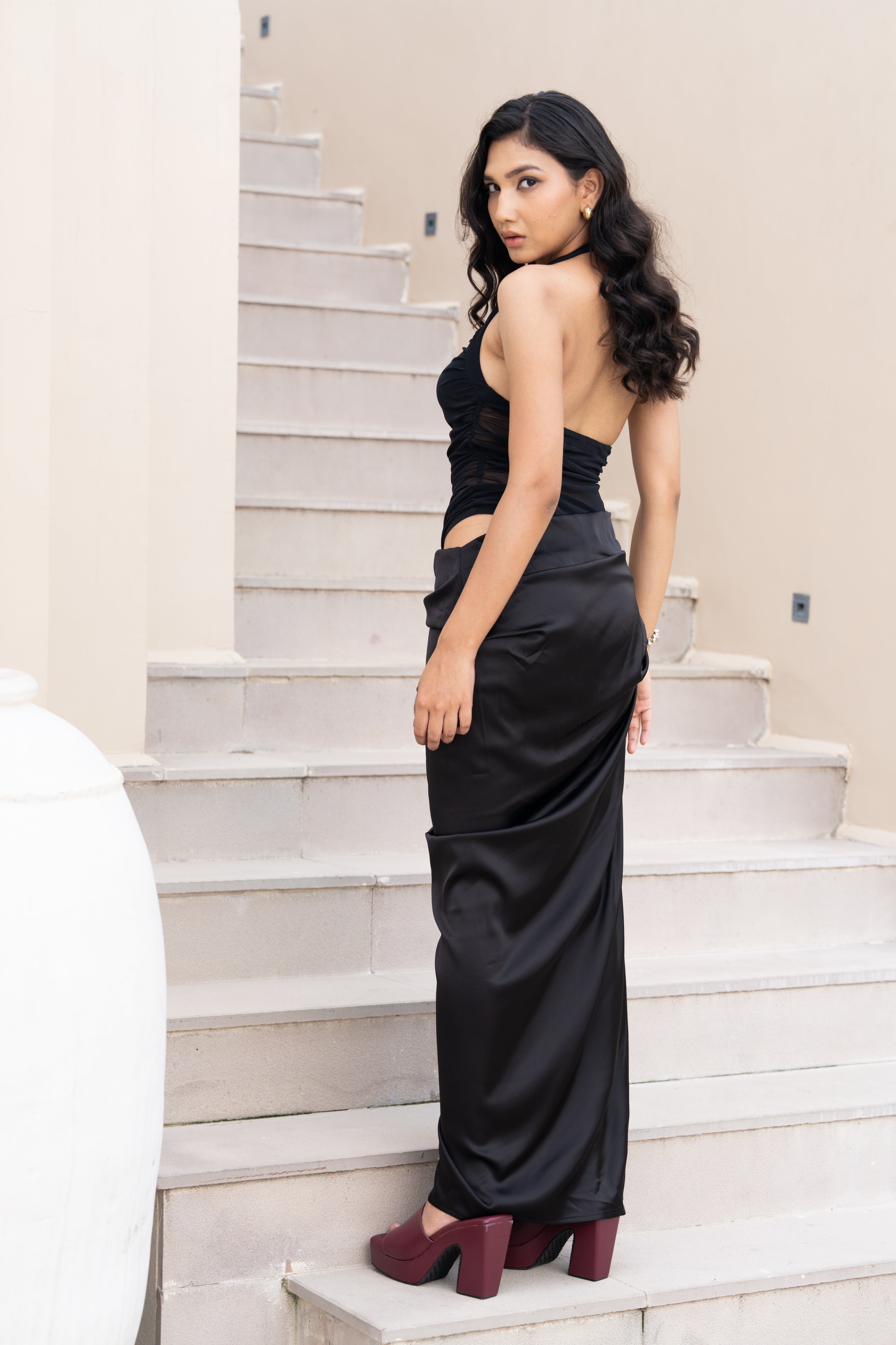 Black Sheer Mesh Panel Co-ord Set – Halter Neck Crop Top & Draped Maxi Skirt for Women