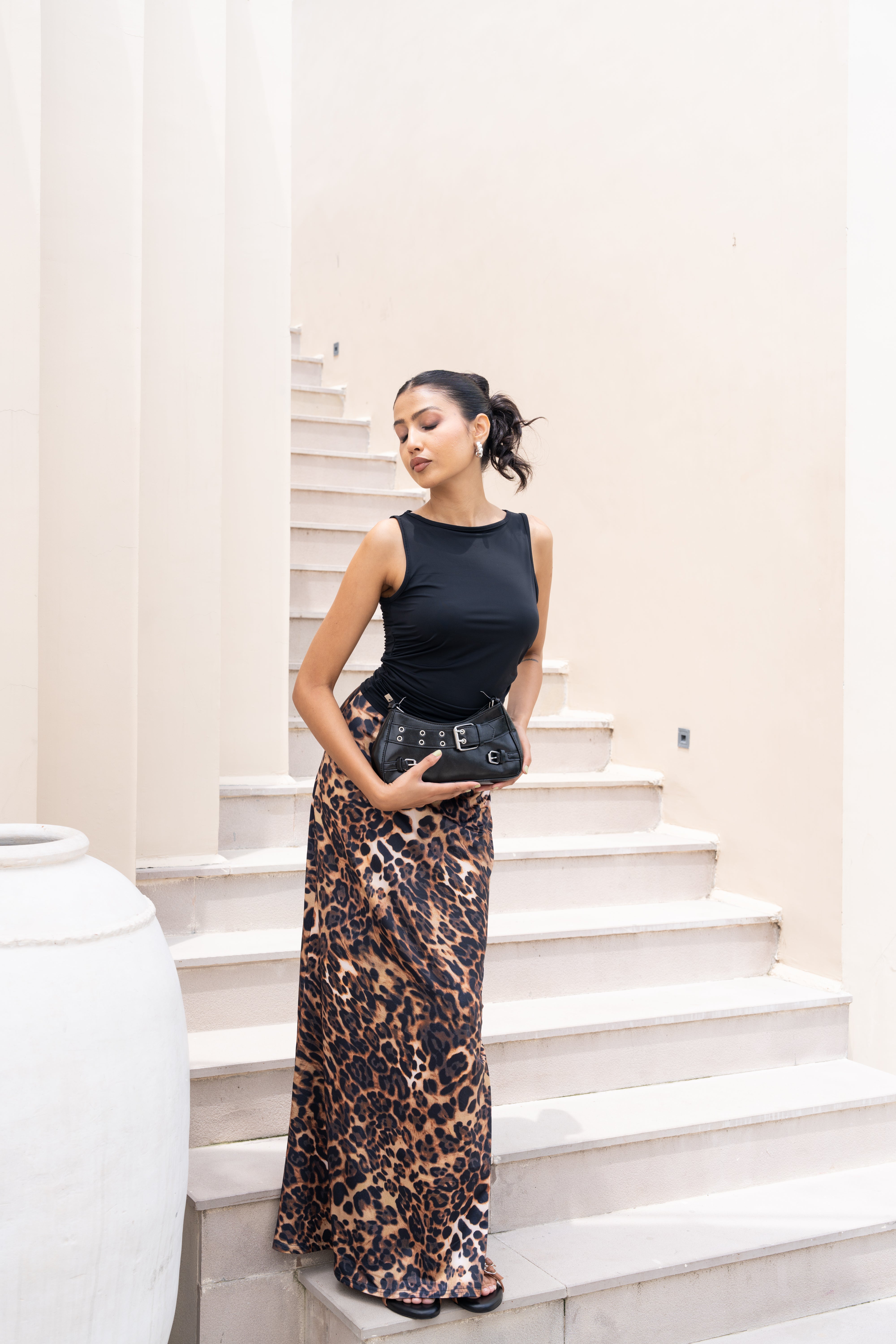 Leopard Print Co-ord Set – Black Sleeveless Top & Animal Print Maxi Skirt for Women