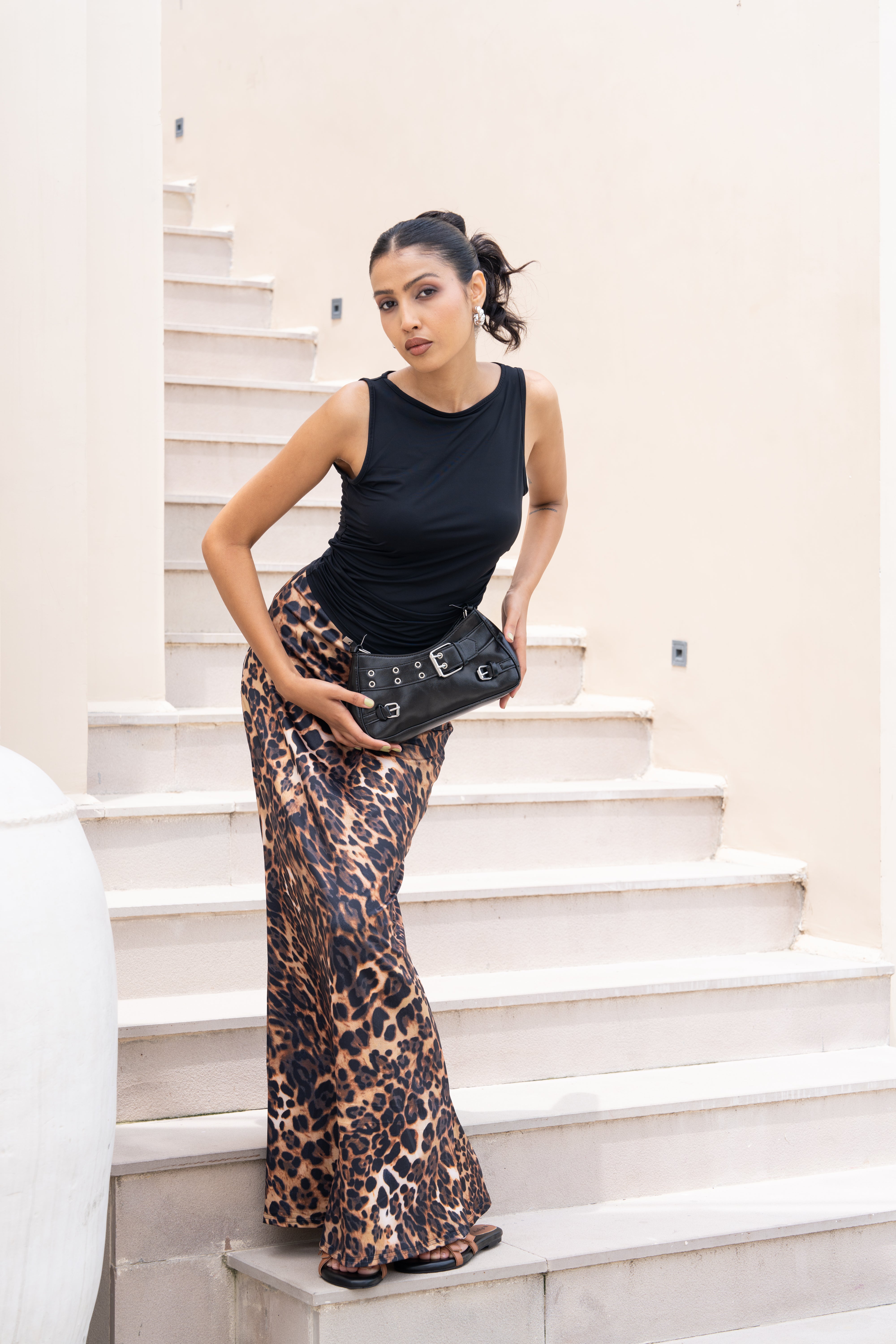 Leopard Print Co-ord Set – Black Sleeveless Top & Animal Print Maxi Skirt for Women