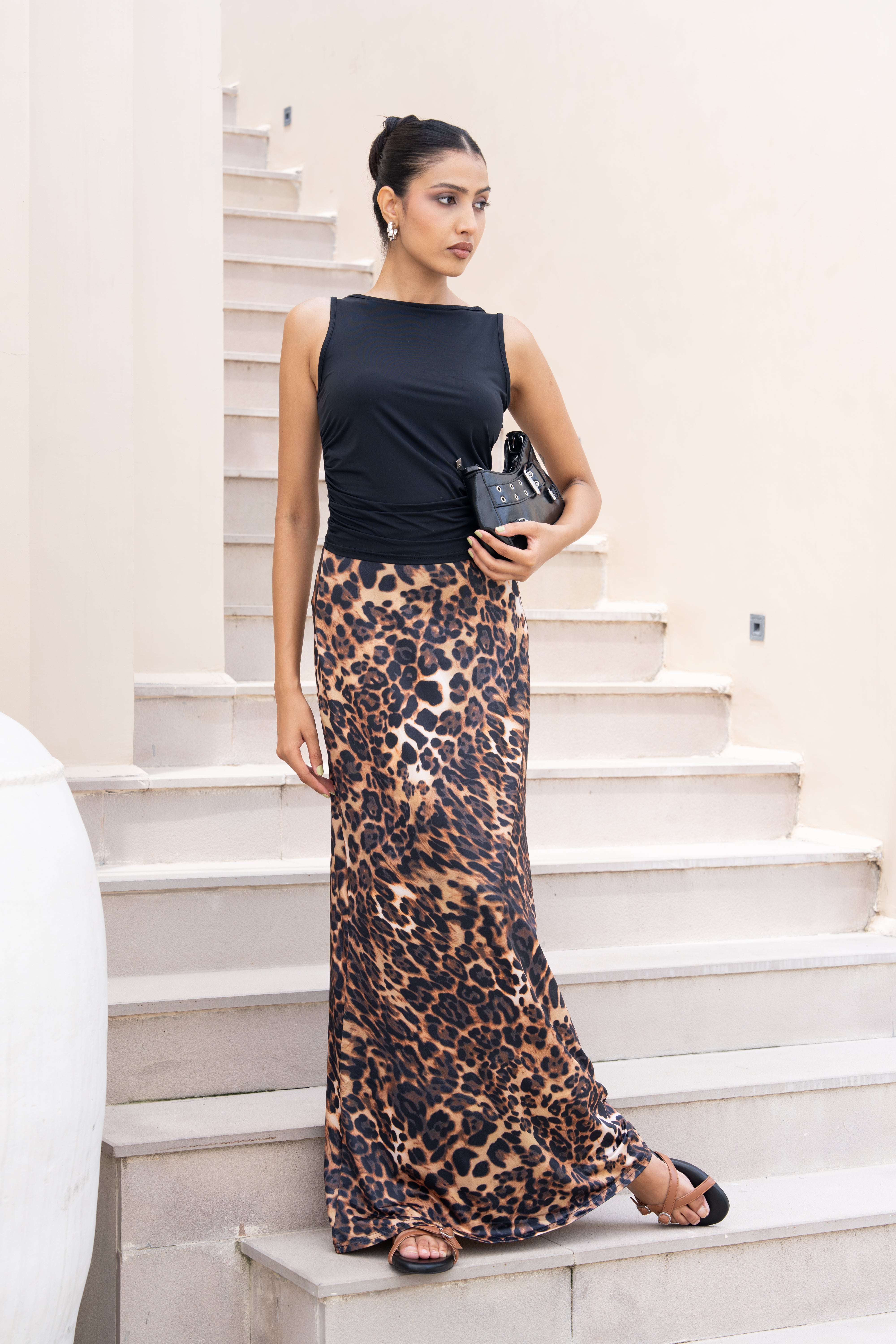 Leopard Print Co-ord Set – Black Sleeveless Top & Animal Print Maxi Skirt for Women