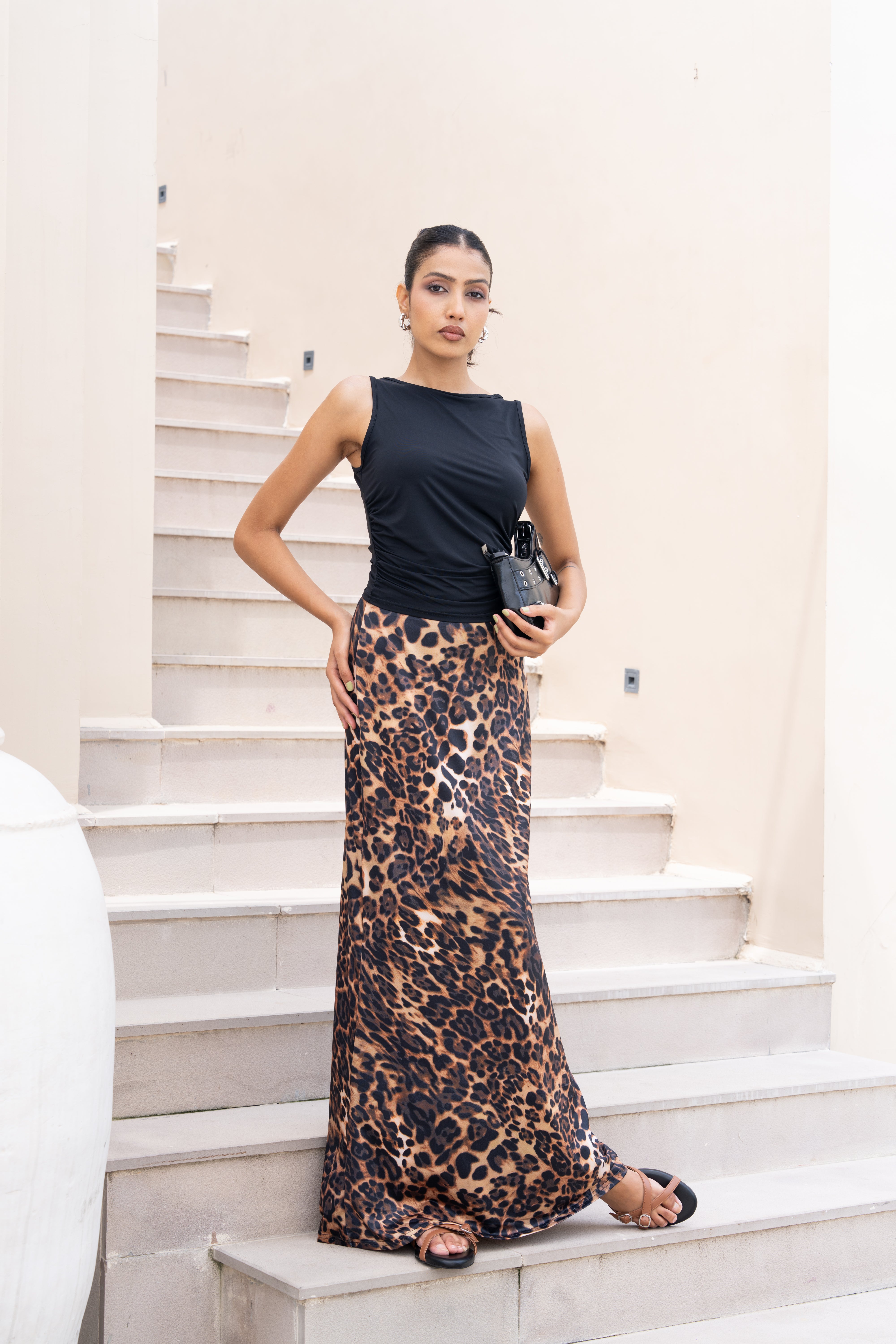 Leopard Print Co-ord Set – Black Sleeveless Top & Animal Print Maxi Skirt for Women
