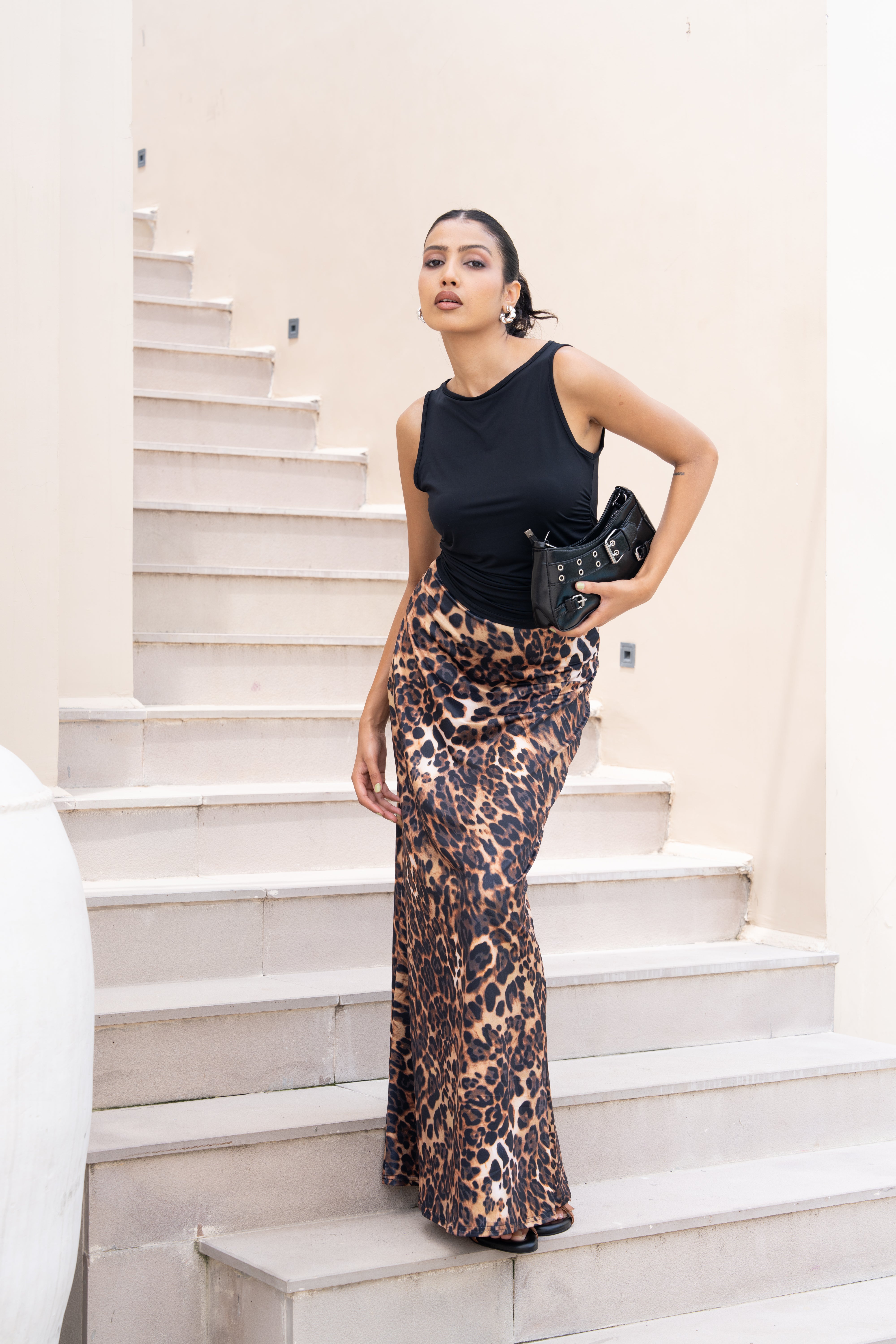 Leopard Print Co-ord Set – Black Sleeveless Top & Animal Print Maxi Skirt for Women