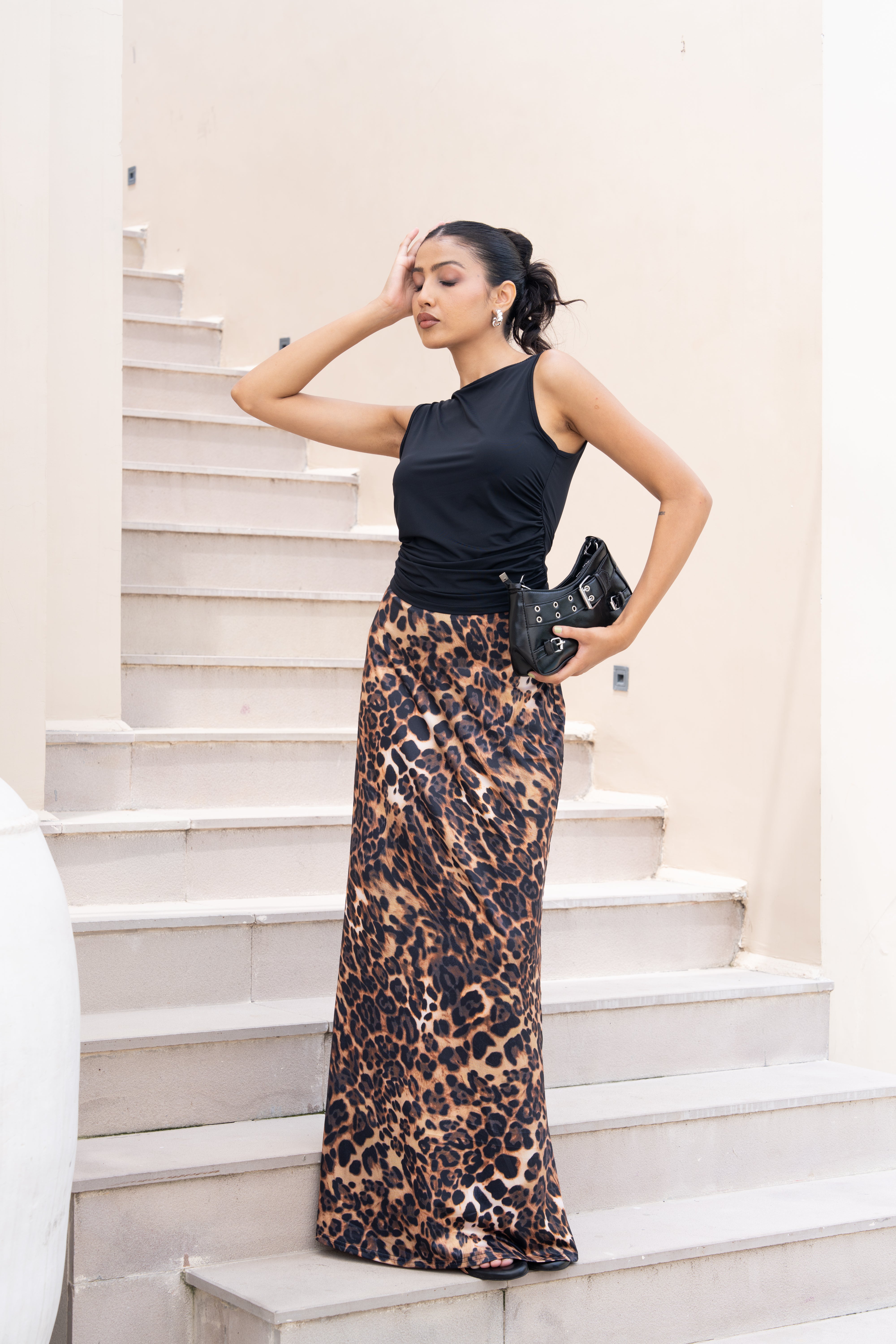 Leopard Print Co-ord Set – Black Sleeveless Top & Animal Print Maxi Skirt for Women