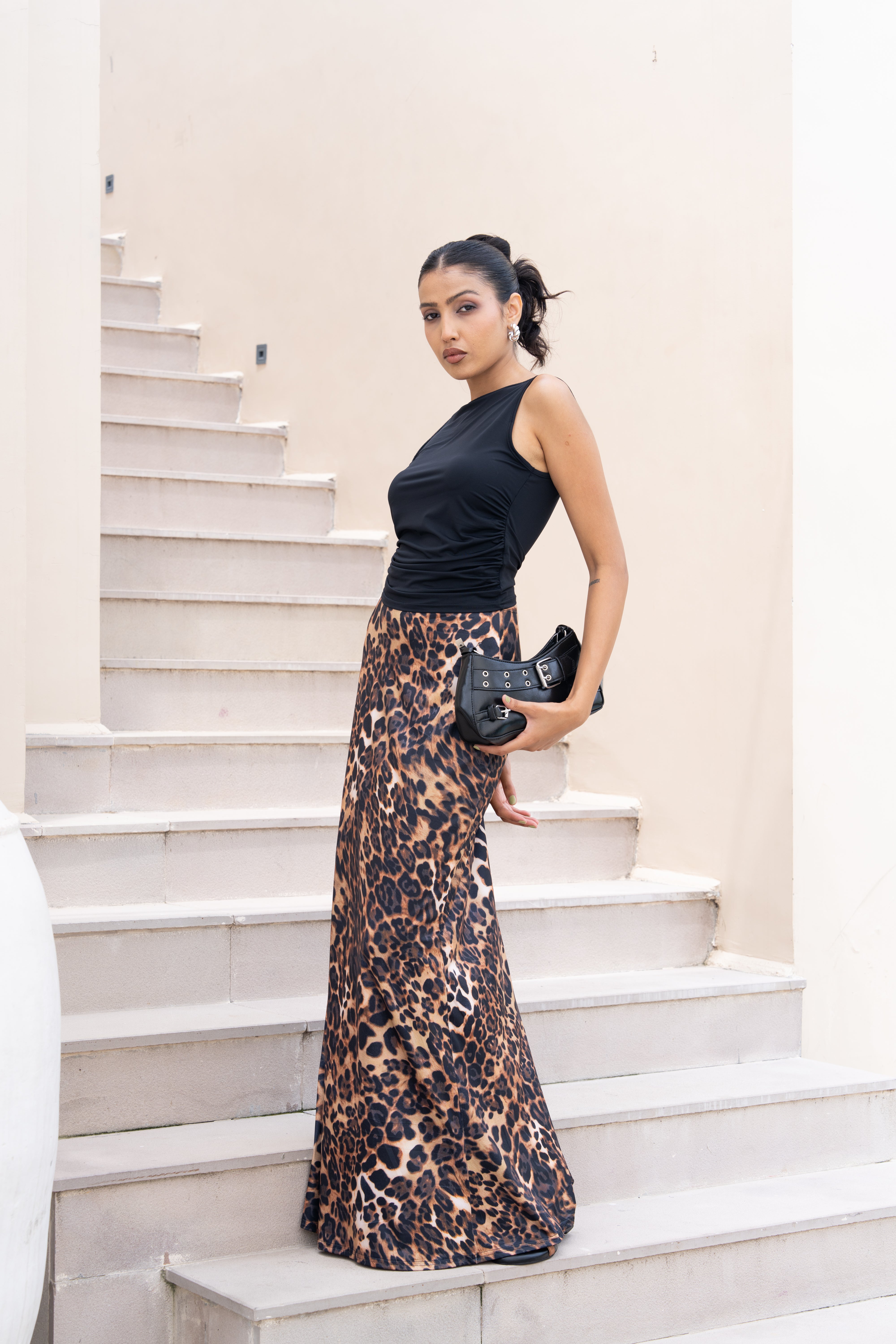 Leopard Print Co-ord Set – Black Sleeveless Top & Animal Print Maxi Skirt for Women