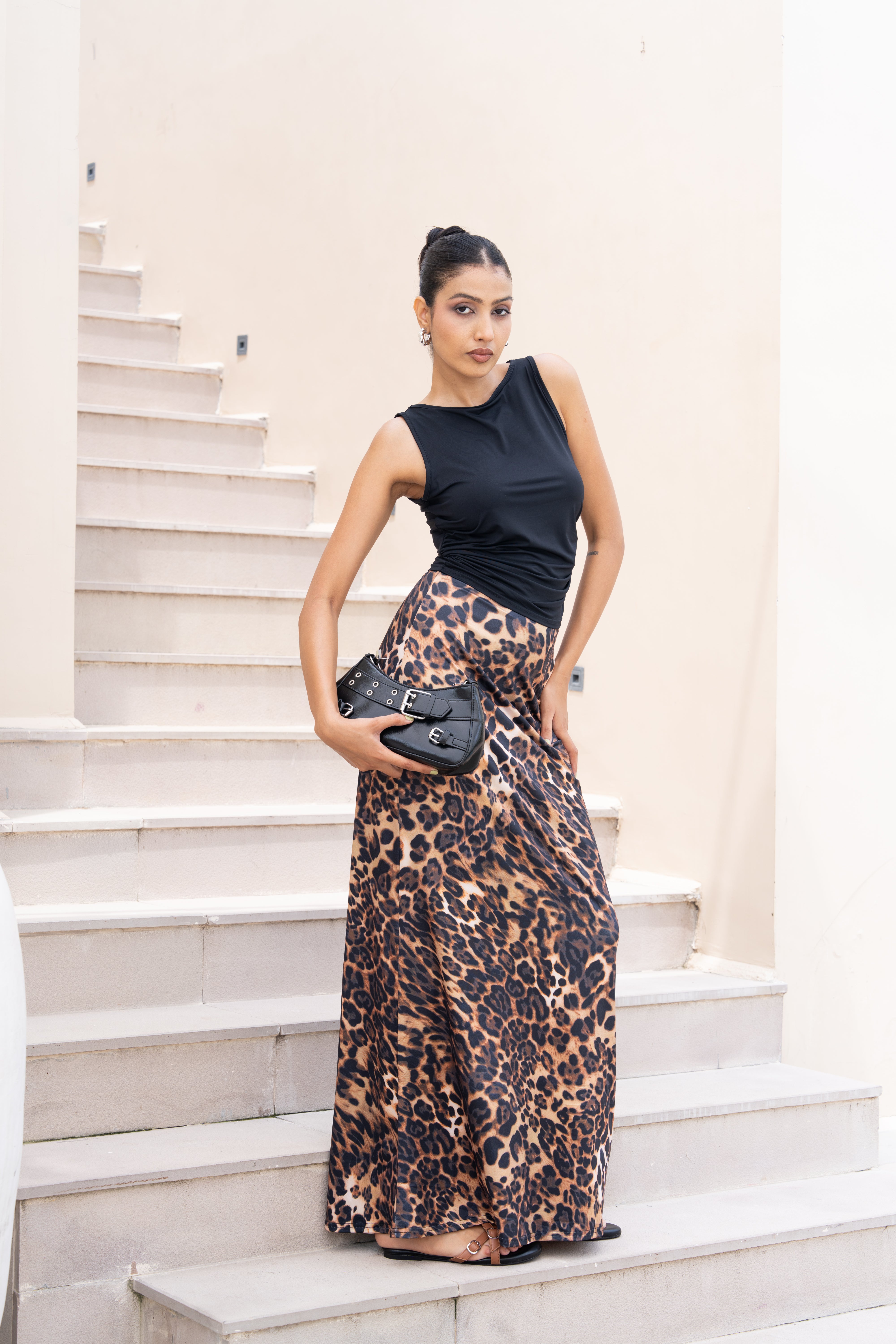 Leopard Print Co-ord Set – Black Sleeveless Top & Animal Print Maxi Skirt for Women