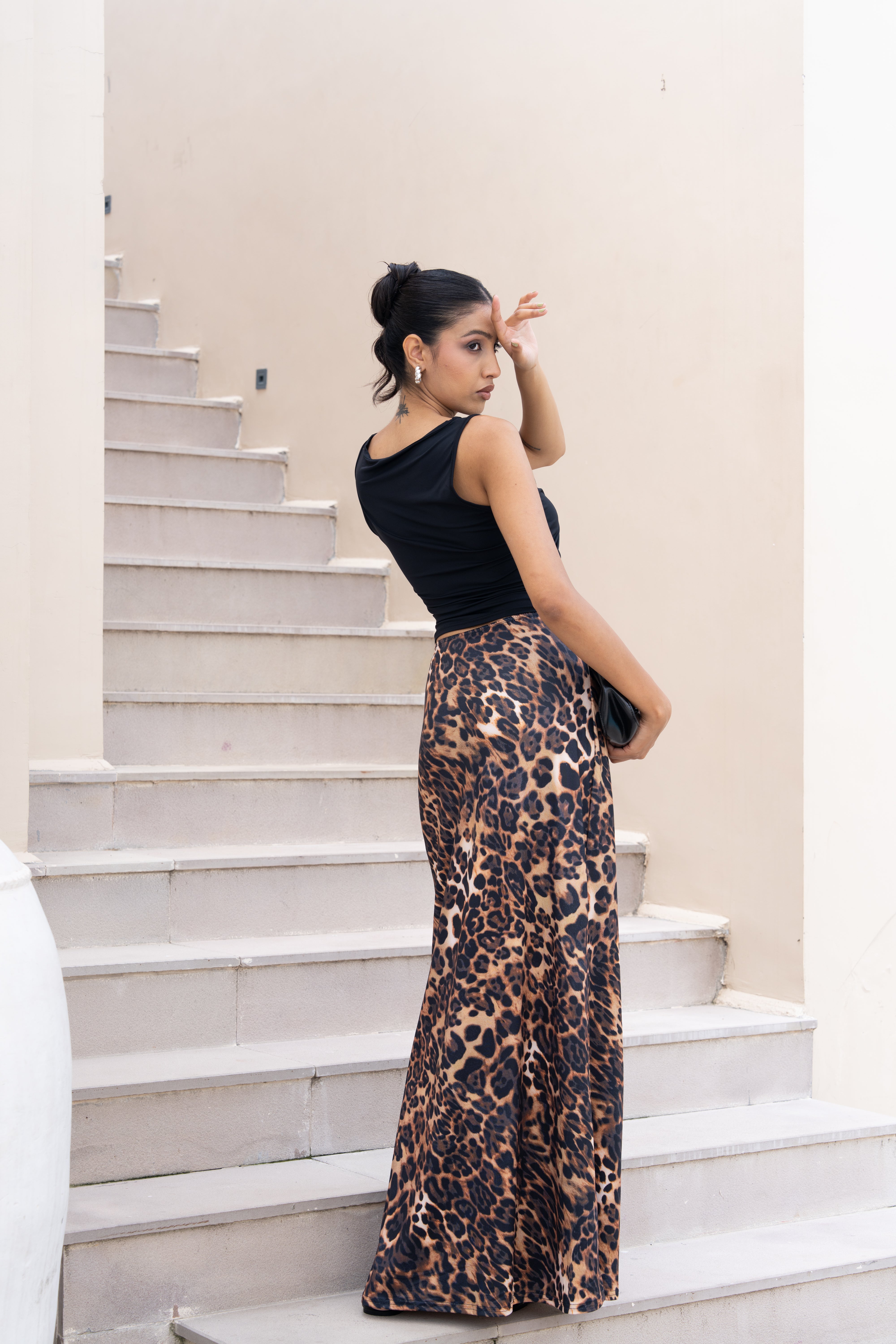 Leopard Print Co-ord Set – Black Sleeveless Top & Animal Print Maxi Skirt for Women